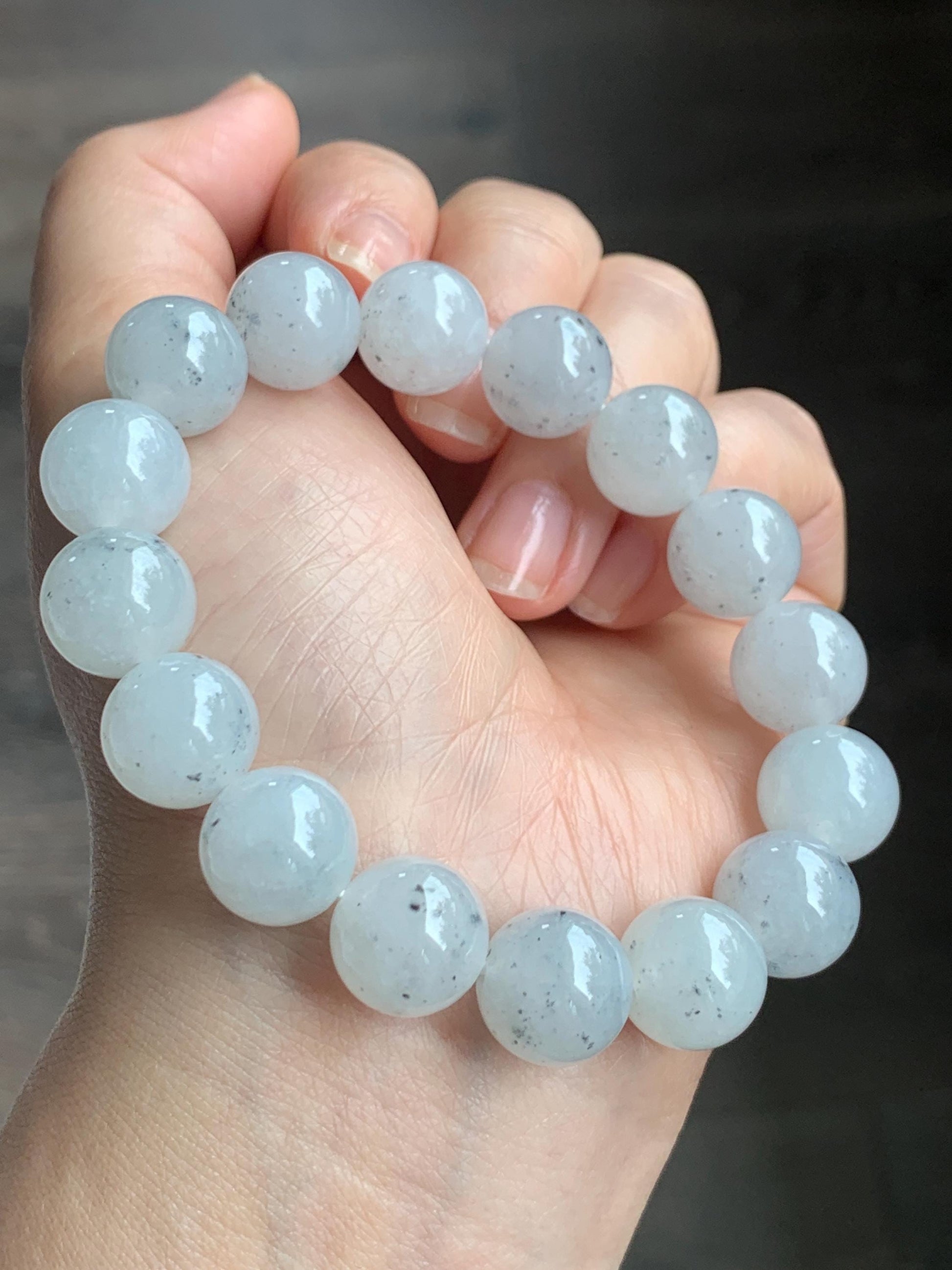 Certified Grade A Natural Premium Icy Highly Translucent Gelatinous Wuji Jadeite Beaded Bracelet 12.7mm 7.25" 56.37g 天然大卡冰胶白乌鸡翡翠手串 1494