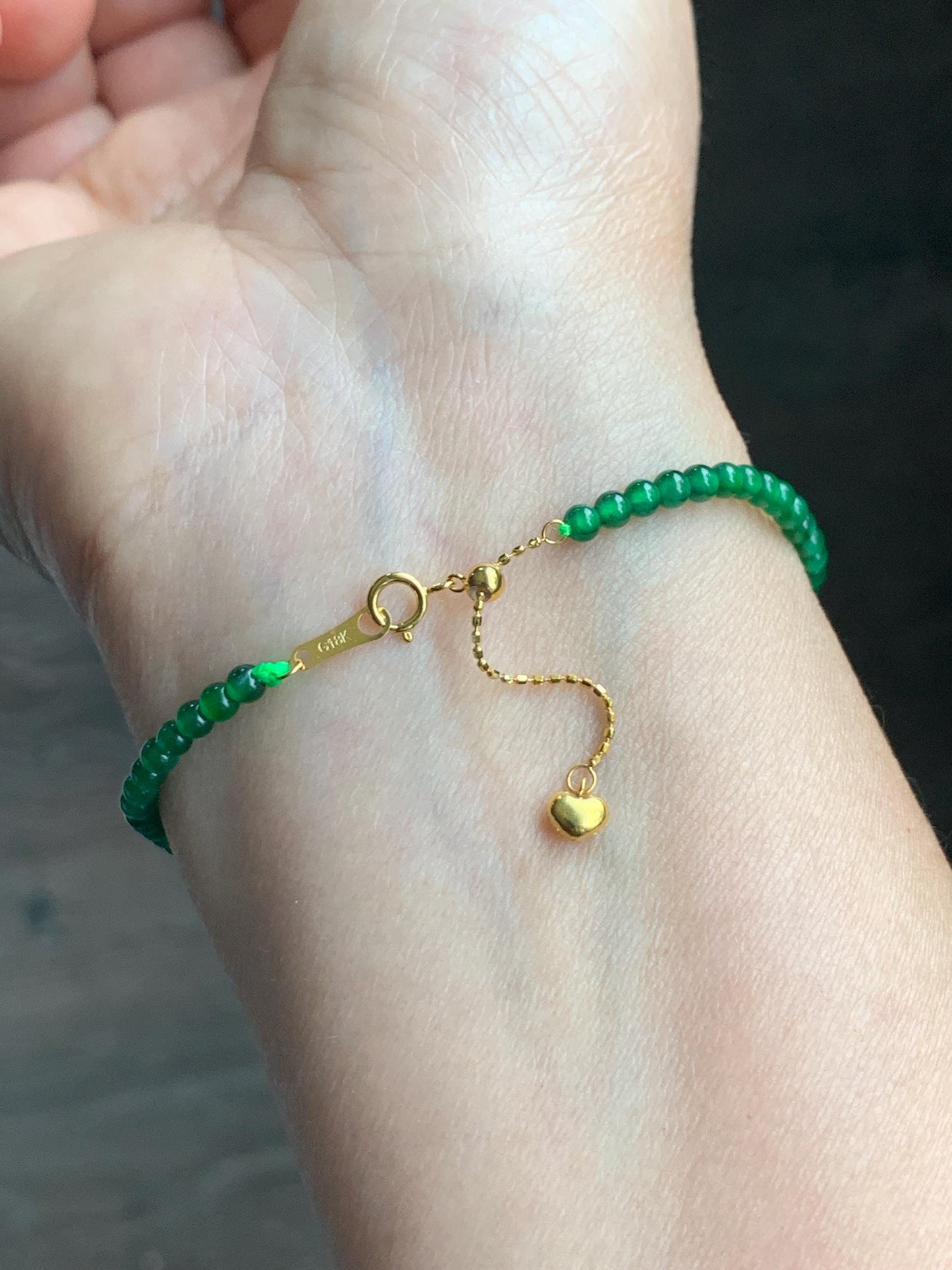 Natural Grade A Guatemalan Icy Translucent Vibrant Green Jadeite Petite Beaded Bracelet 18K Yellow Gold 6.75” 2.9mm 天然高冰危绿翡翠小卡圆珠手串 KJL350
