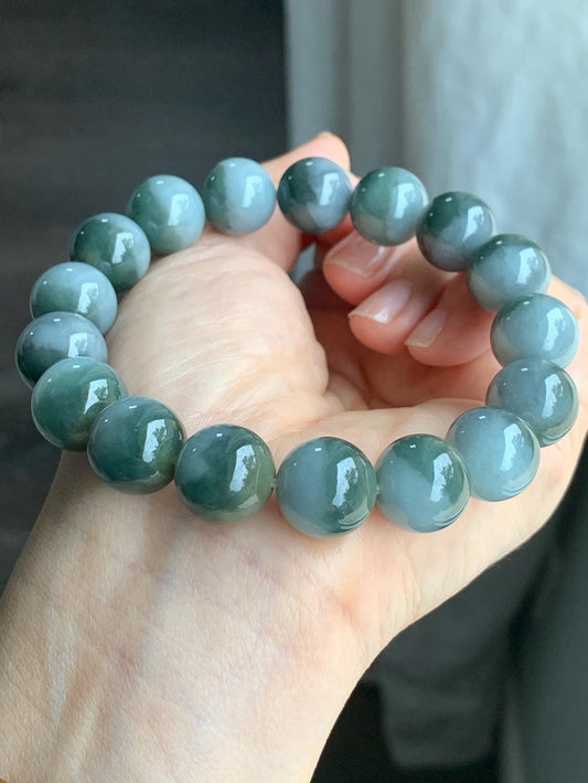 Large Natural Grade A Icy Translucent Bi-Colored Jade Jadeite Mala Beaded Bracelet Stretchy 14mm 8.5” 81g 天然灰蓝深绿鸳鸯双色翡翠大卡手串 YYD416