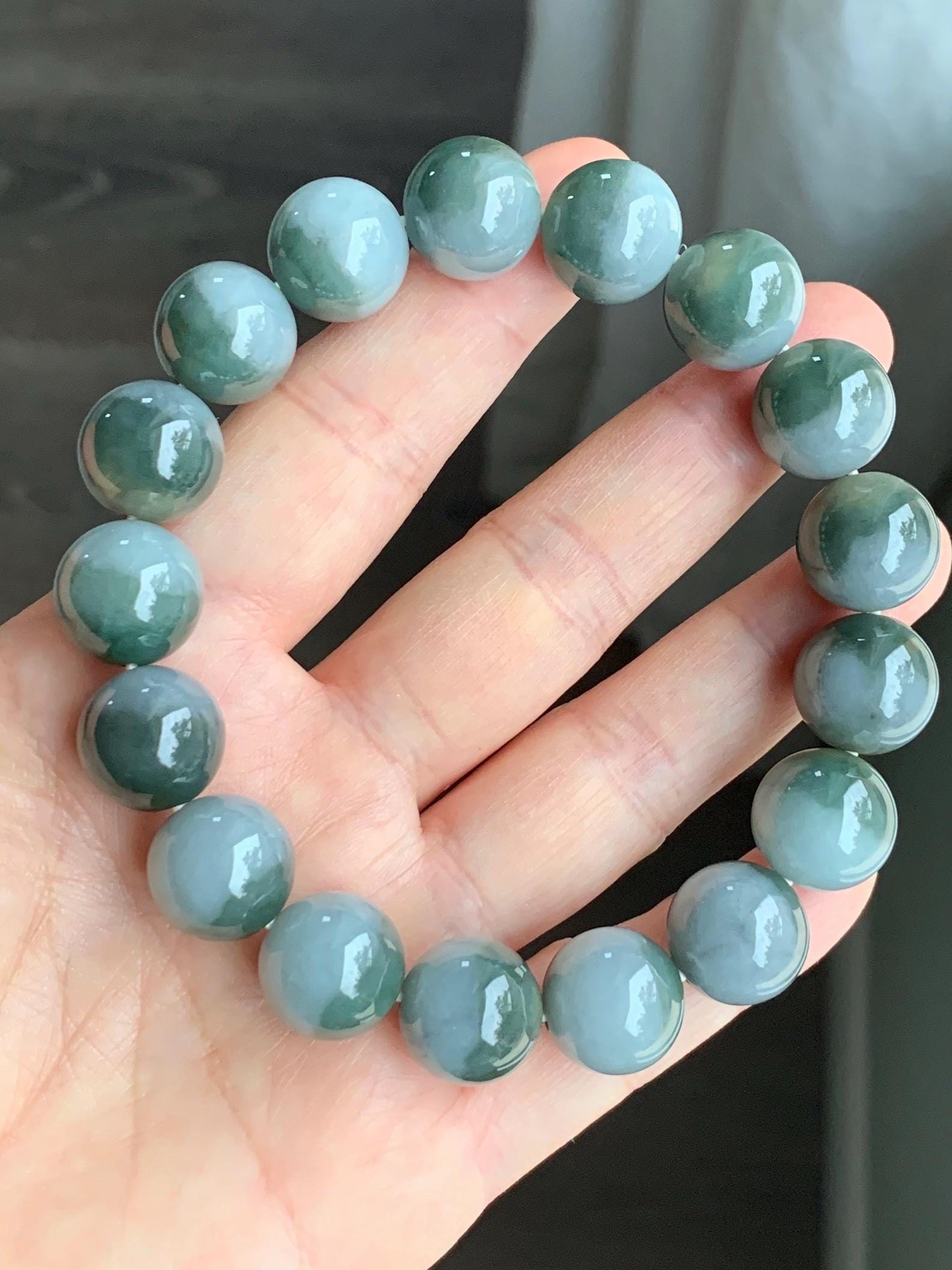 Large Natural Grade A Icy Translucent Bi-Colored Jade Jadeite Mala Beaded Bracelet Stretchy 14mm 8.5” 81g 天然灰蓝深绿鸳鸯双色翡翠大卡手串 YYD416