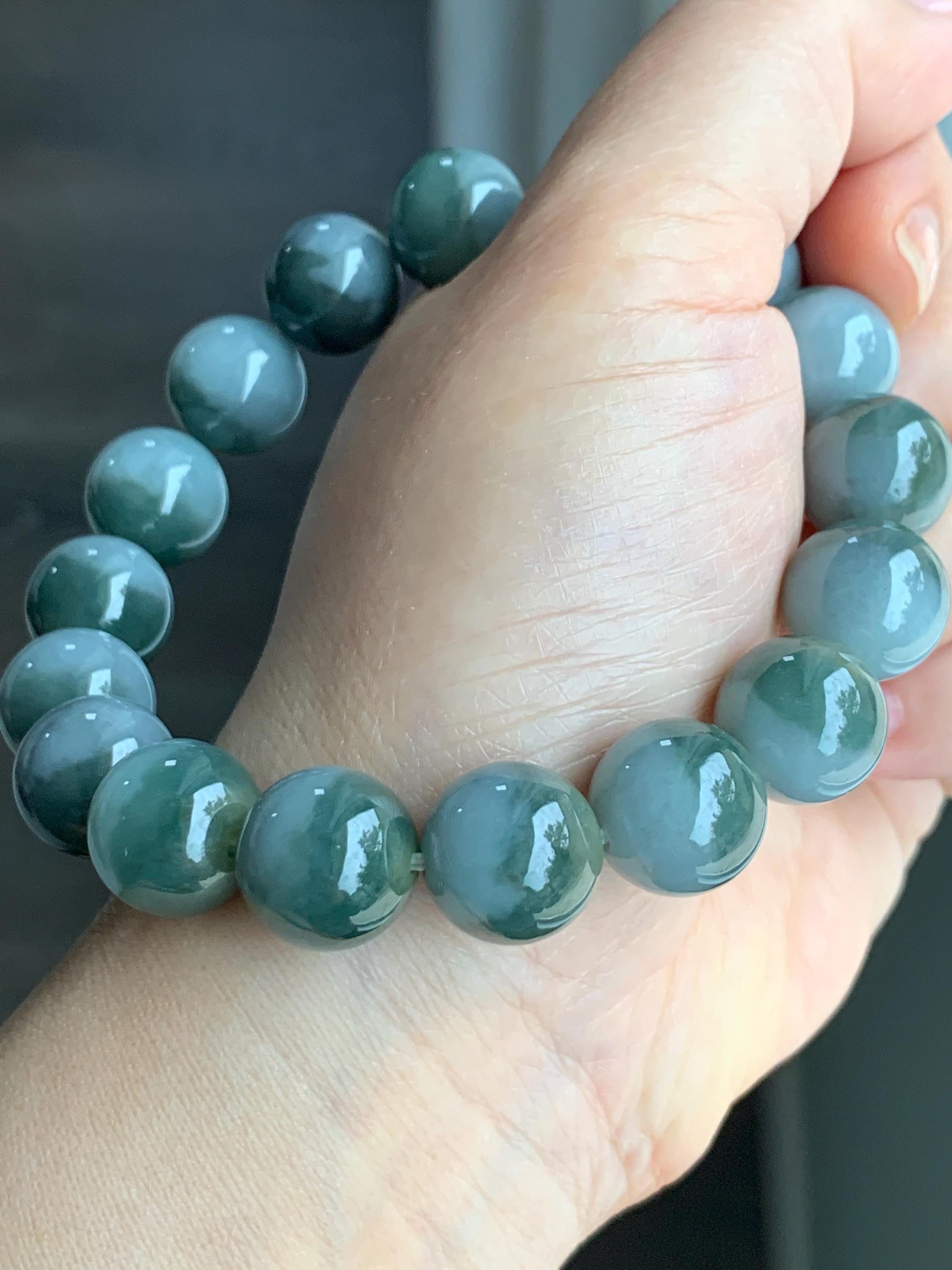 Large Natural Grade A Icy Translucent Bi-Colored Jade Jadeite Mala Beaded Bracelet Stretchy 14mm 8.5” 81g 天然灰蓝深绿鸳鸯双色翡翠大卡手串 YYD416