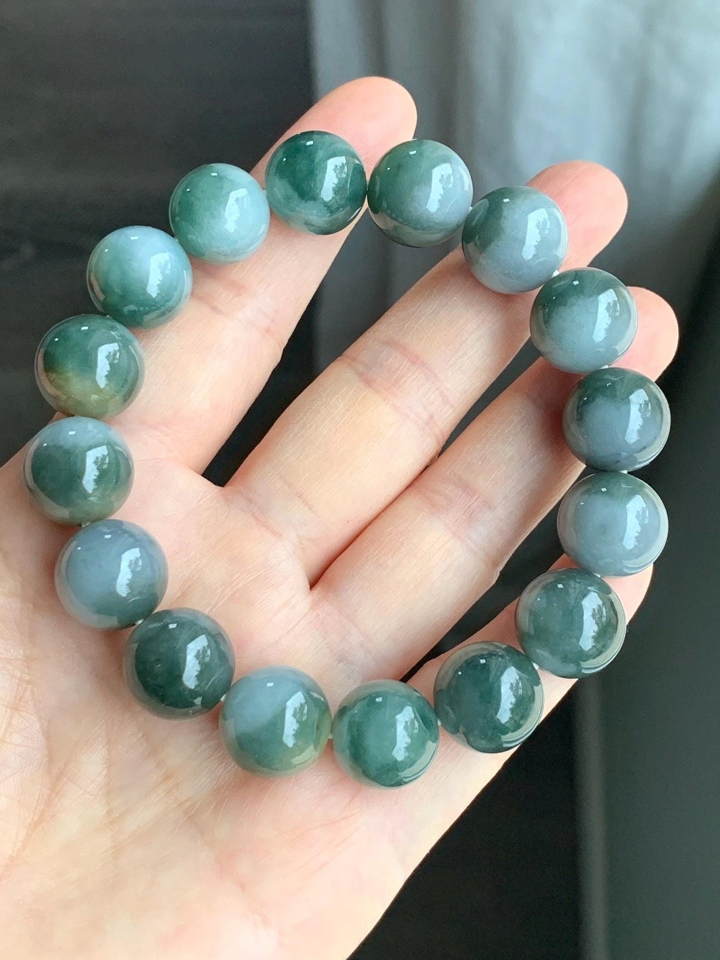 Large Natural Grade A Icy Translucent Bi-Colored Jade Jadeite Mala Beaded Bracelet Stretchy 14mm 8” 73g 天然灰蓝深绿鸳鸯双色翡翠大卡手串 YYDS416