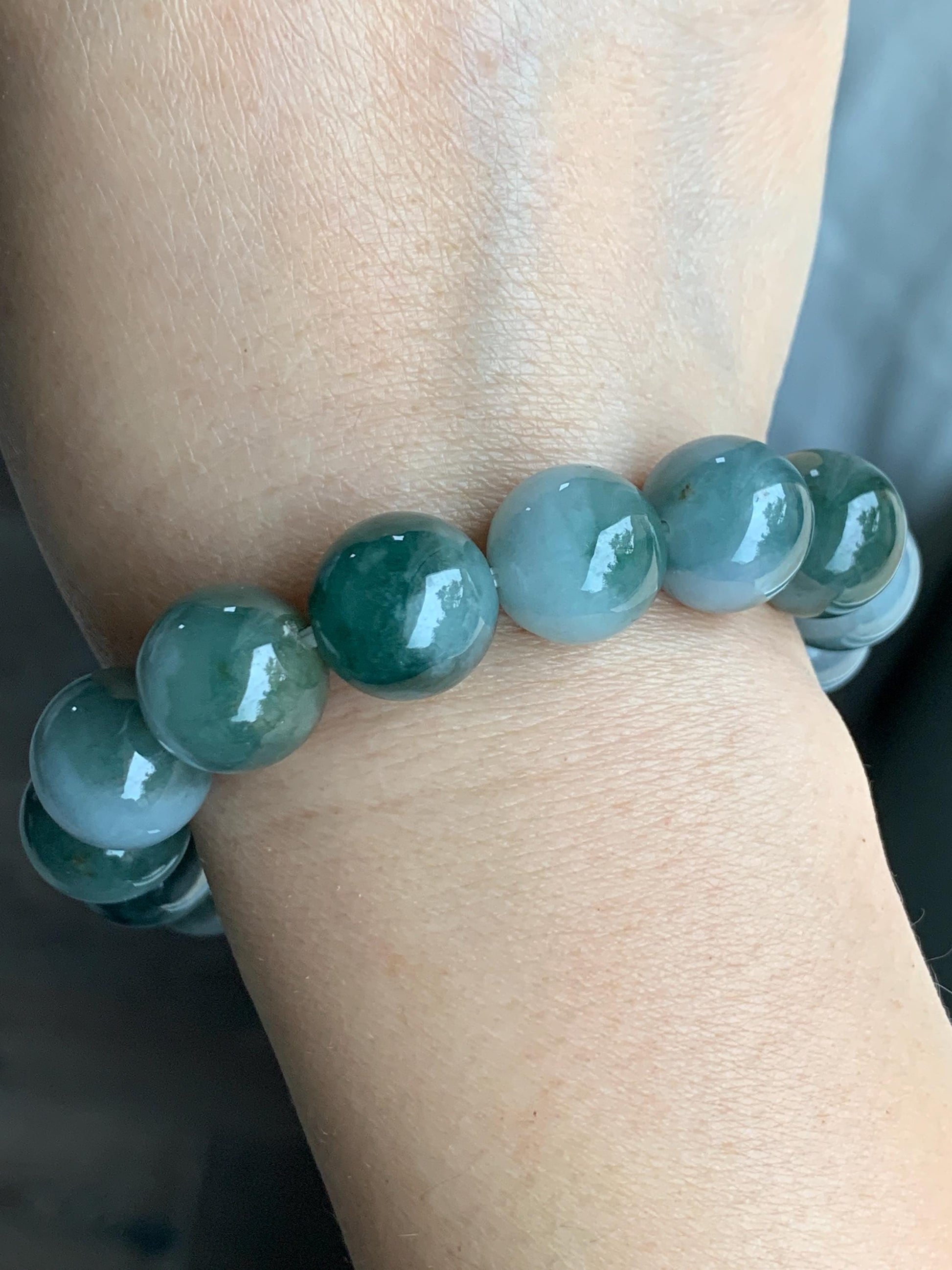 Large Natural Grade A Icy Translucent Bi-Colored Jade Jadeite Mala Beaded Bracelet Stretchy 14mm 8” 73g 天然灰蓝深绿鸳鸯双色翡翠大卡手串 YYDS416