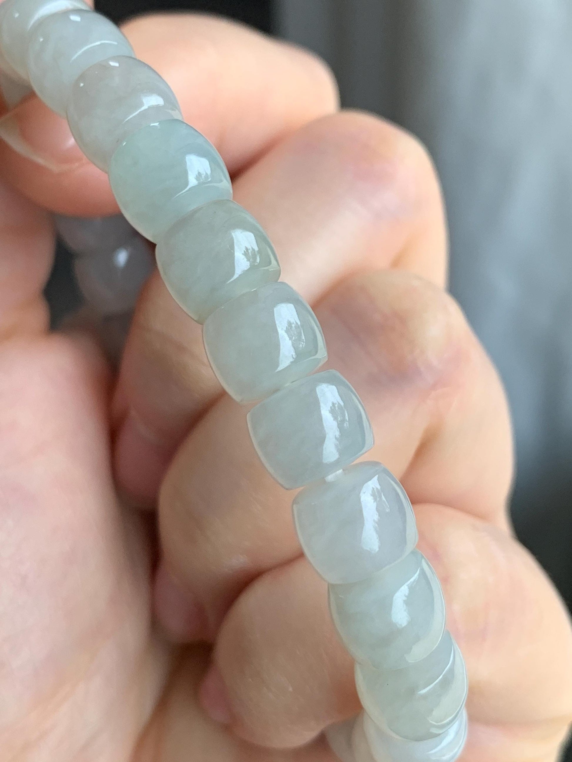 Natural Grade A Icy Translucent Gelatinous Light Beige Jade Jadeite Large Drum Beads Beaded Bracelet Stretchy 7.5" 31g 天然冰胶藕粉翡翠鼓珠手串 BOF416