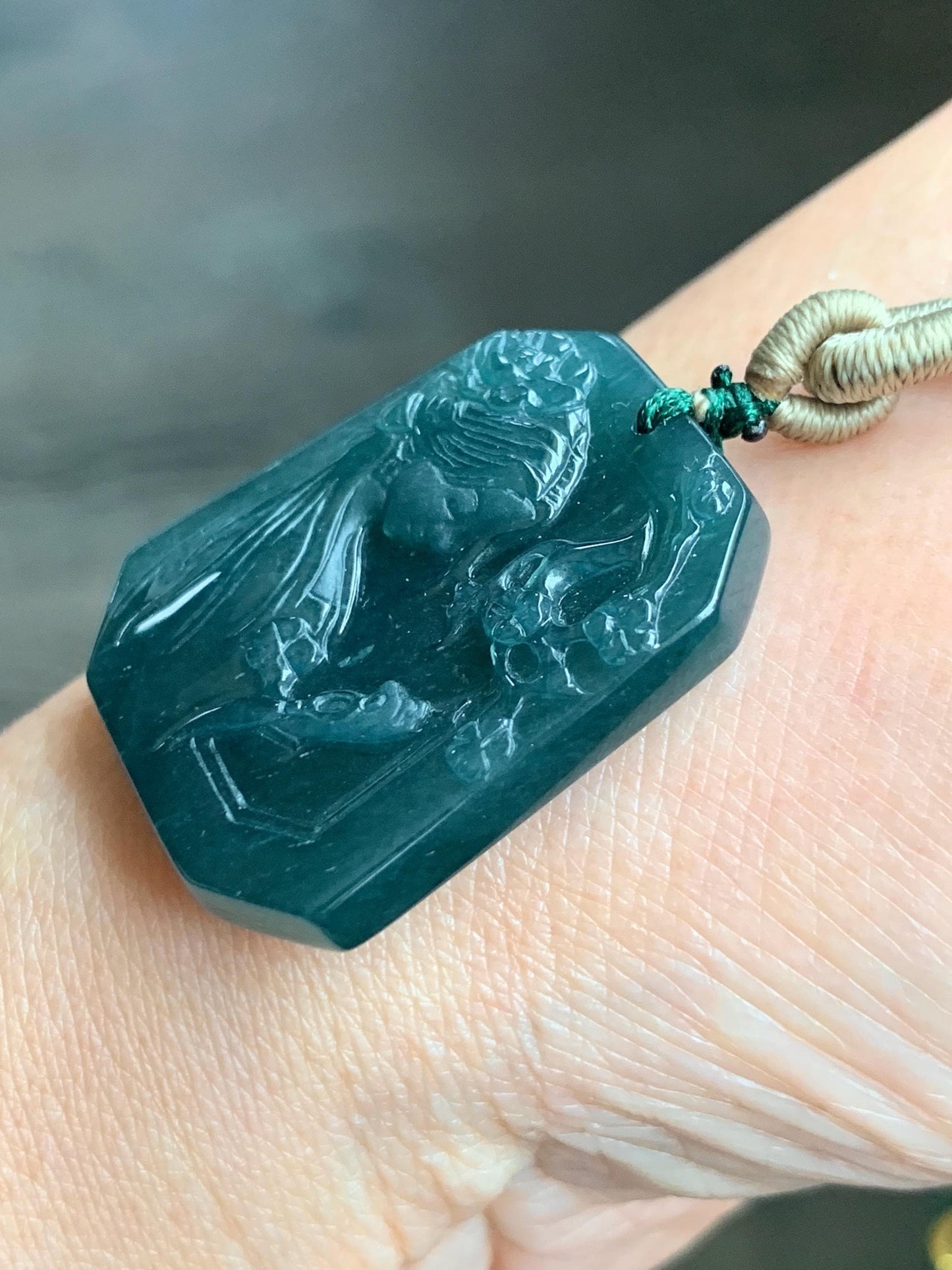 Natural Guatemalan Grade A Icy Translucent Dark Teal Green Jadeite Carved Beauty Pendant Rope Necklace Adjustable 25” 14g 天然冰危深蓝绿翡翠小美女吊坠挂件