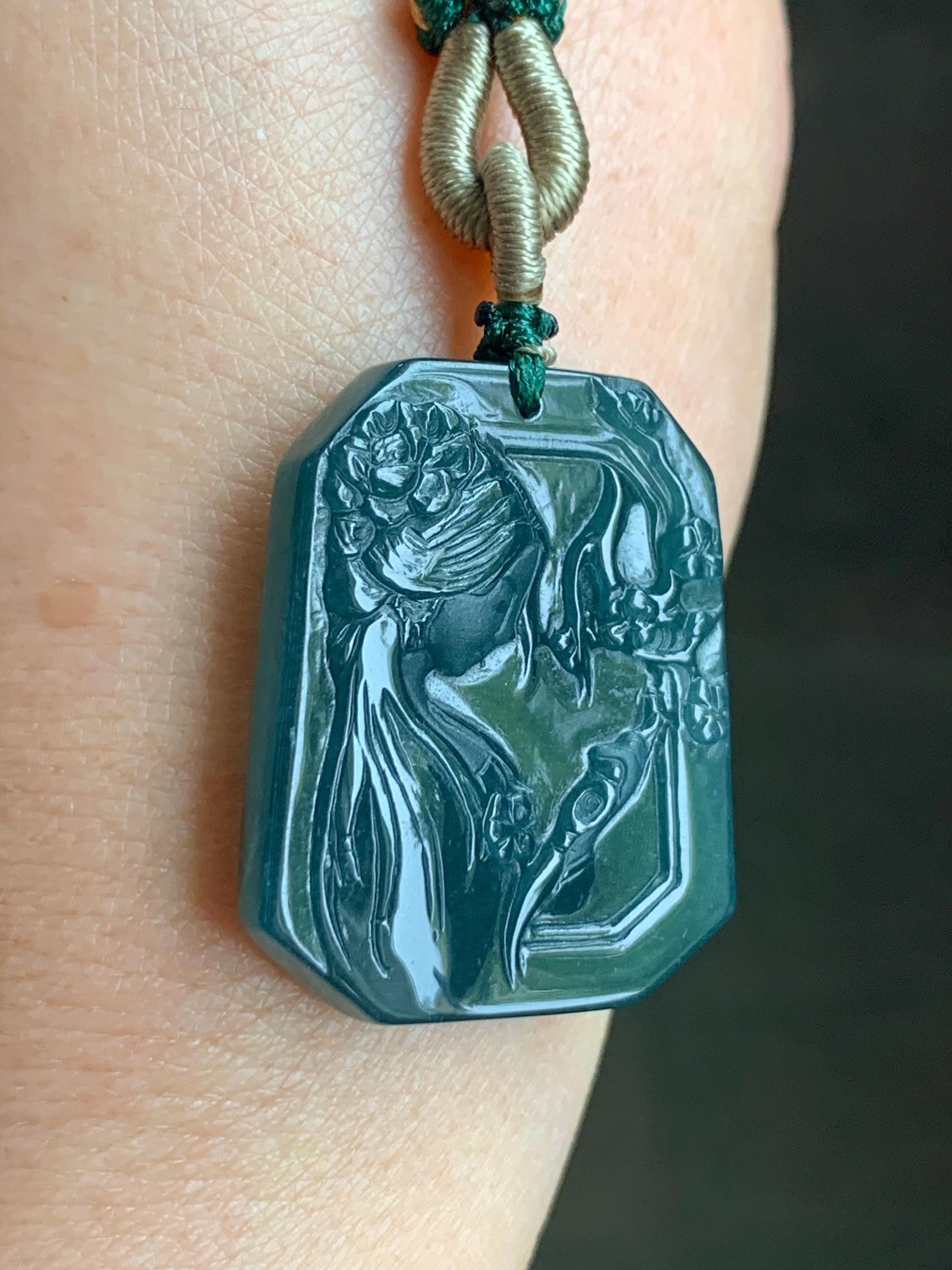 Natural Guatemalan Grade A Icy Translucent Dark Teal Green Jadeite Carved Beauty Pendant Rope Necklace Adjustable 25” 14g 天然冰危深蓝绿翡翠小美女吊坠挂件