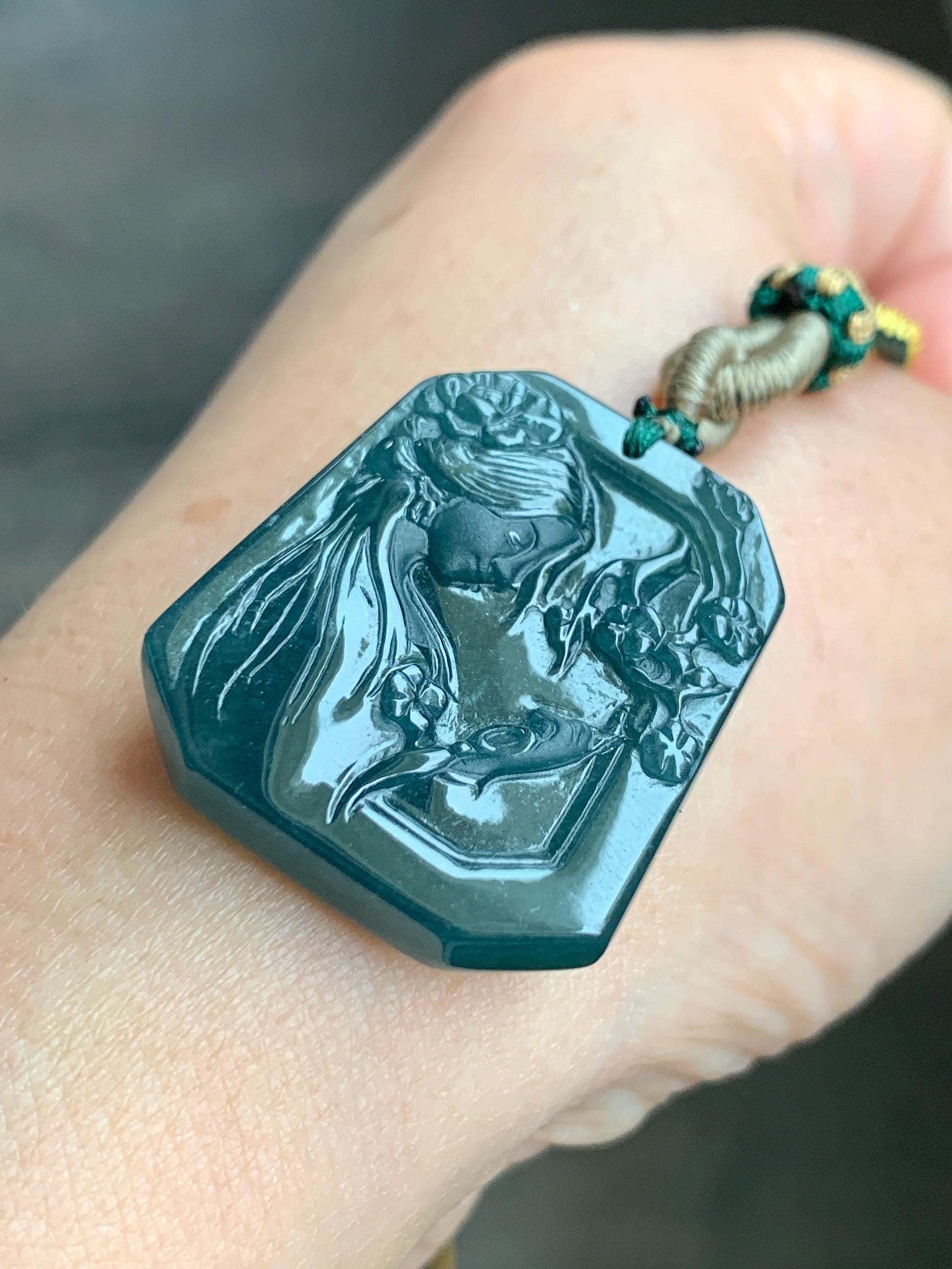 Natural Guatemalan Grade A Icy Translucent Dark Teal Green Jadeite Carved Beauty Pendant Rope Necklace Adjustable 25” 14g 天然冰危深蓝绿翡翠小美女吊坠挂件