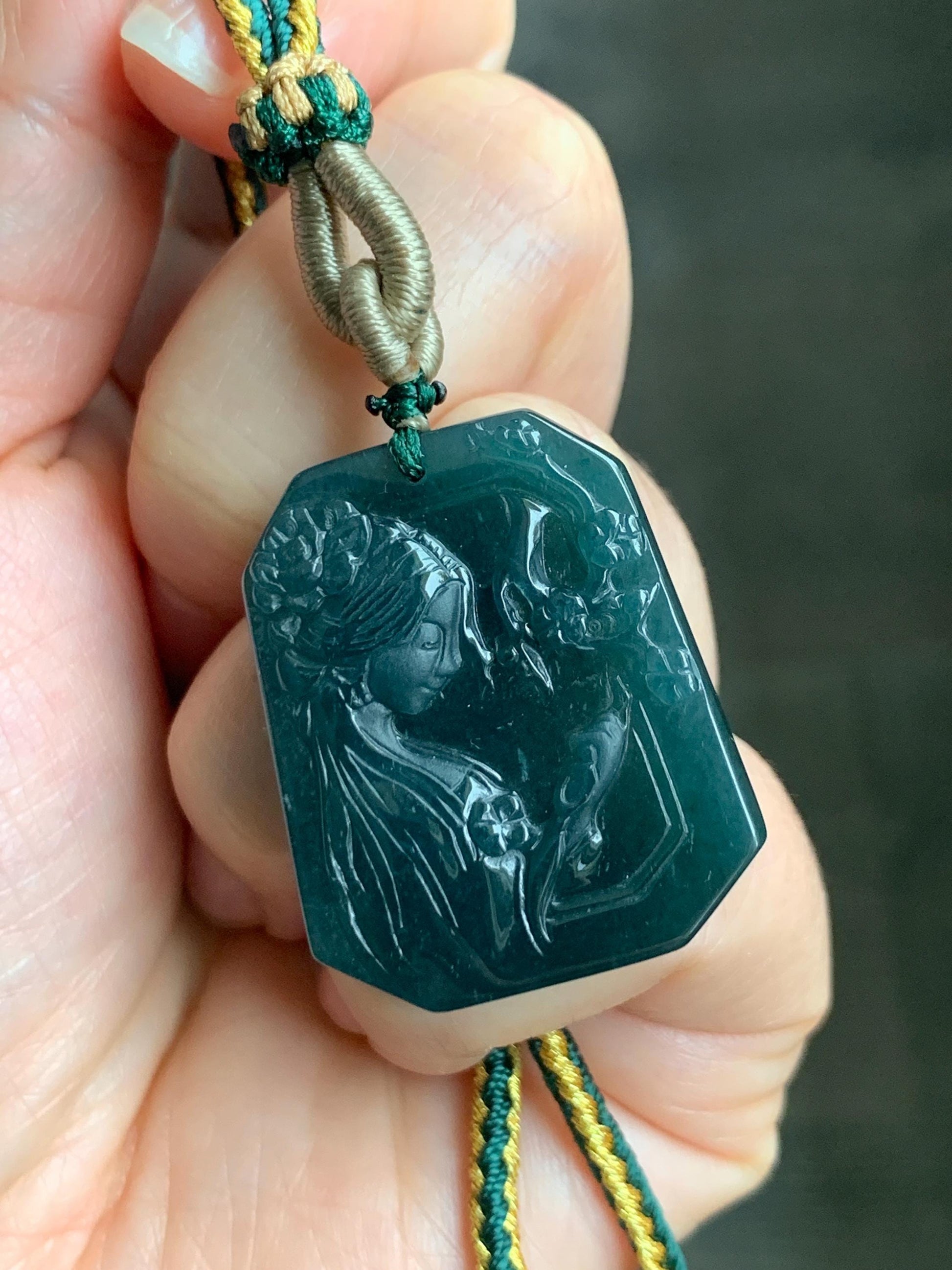 Natural Guatemalan Grade A Icy Translucent Dark Teal Green Jadeite Carved Beauty Pendant Rope Necklace Adjustable 25” 14g 天然冰危深蓝绿翡翠小美女吊坠挂件