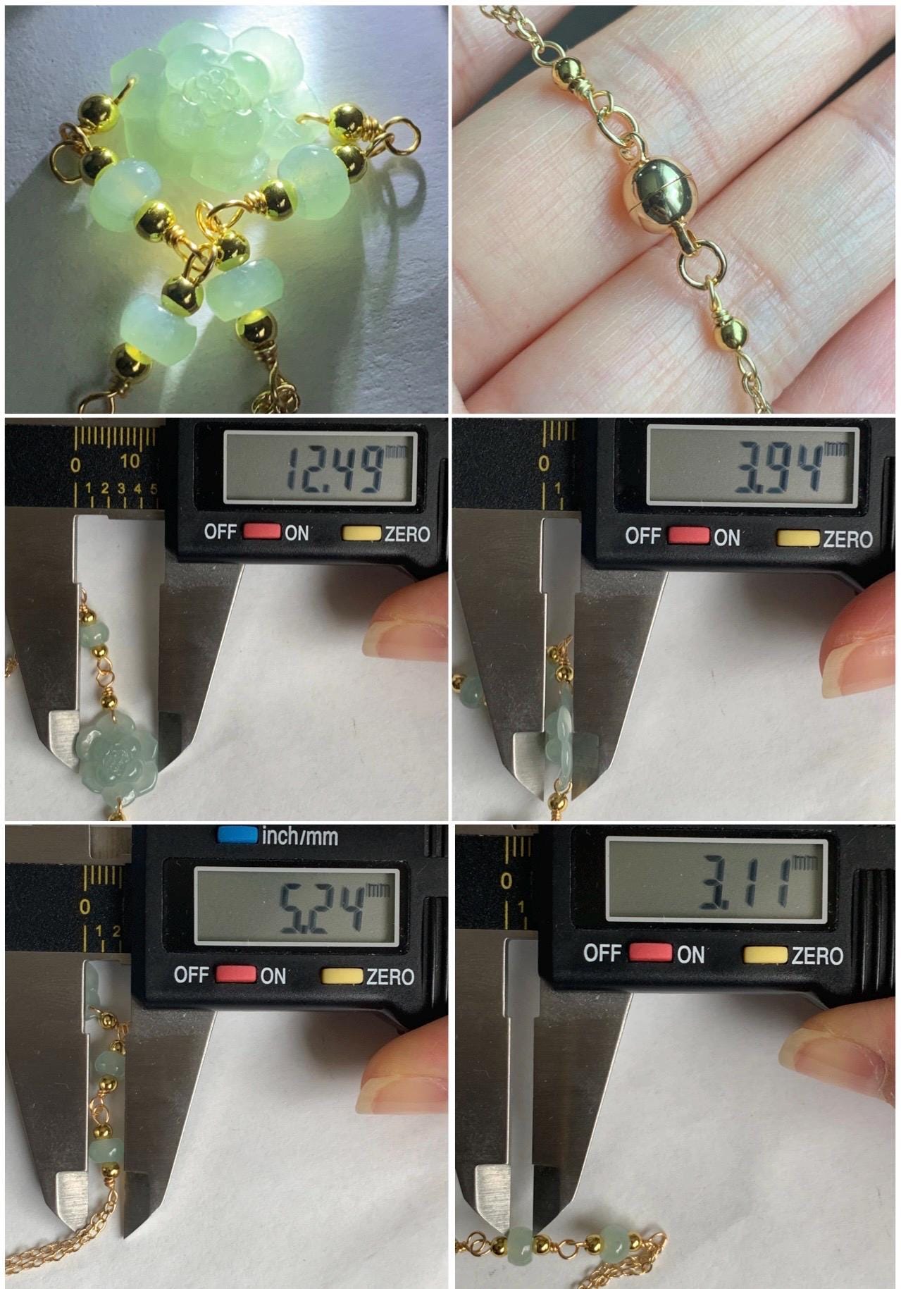 Natural Grade A Icy Translucent Light Green Jadeite Lotus Flower Chain Bracelet 14K Gold Filled Magnetic Clasp 6.5” 天然冰晴翡翠莲花14K包金手链 BJH-A