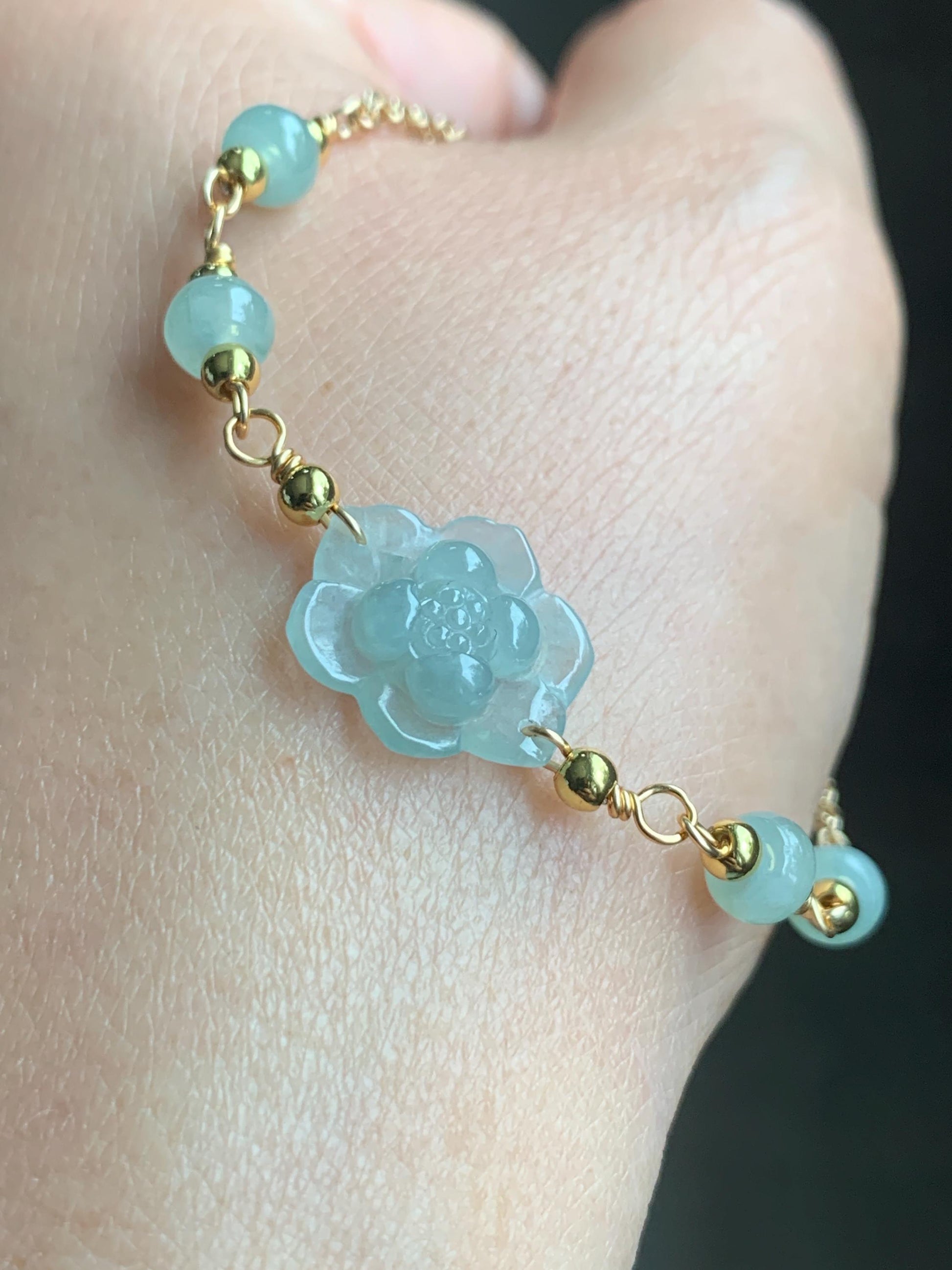 Natural Grade A Icy Translucent Light Green Jadeite Lotus Flower Chain Bracelet 14K Gold Filled Magnetic Clasp 6.5” 天然冰晴翡翠莲花14K包金手链 BJH-A