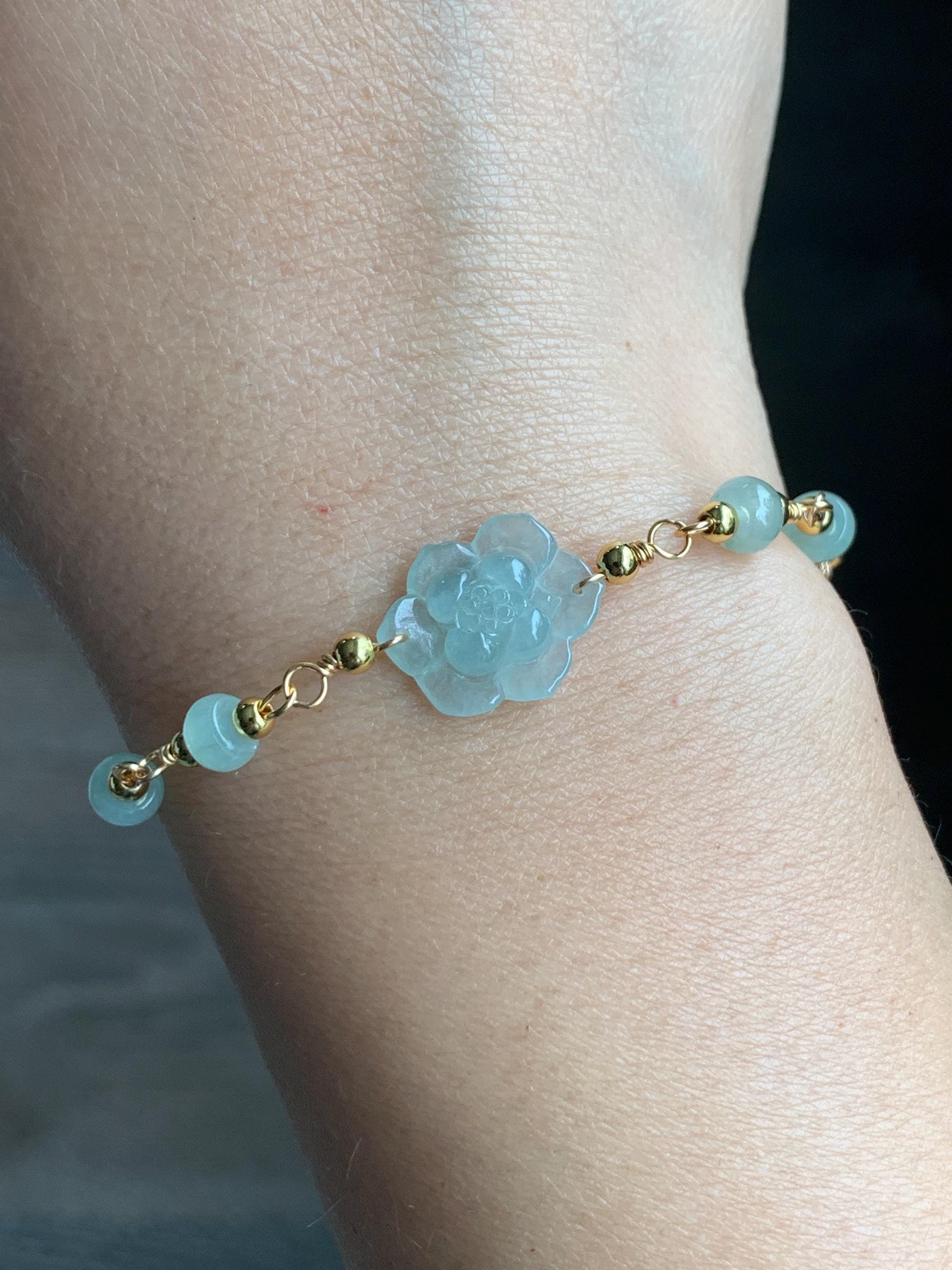 Natural Grade A Icy Translucent Light Green Jadeite Lotus Flower Chain Bracelet 14K Gold Filled Magnetic Clasp 6.5” 天然冰晴翡翠莲花14K包金手链 BJH-A
