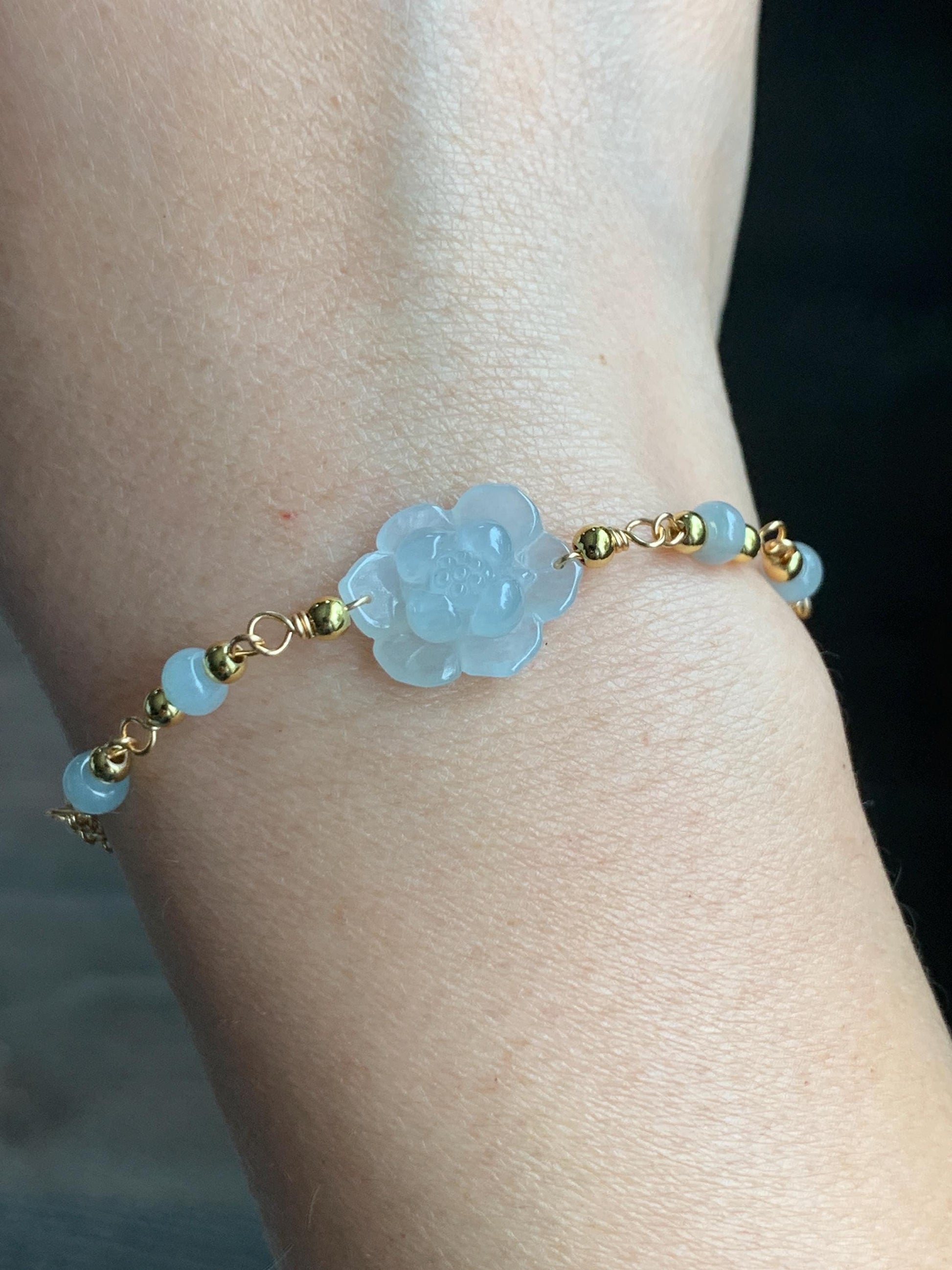 Natural Grade A Icy Translucent Pastel Green Jadeite Lotus Flower Chain Bracelet 14K Gold Filled Magnetic Clasp 6.5” 天然冰晴底翡翠莲花14K包金手链 BJH-B