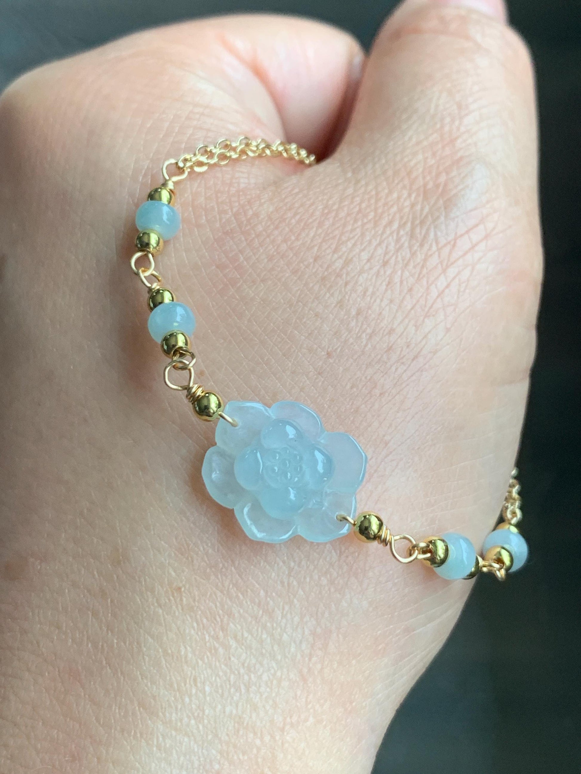 Natural Grade A Icy Translucent Pastel Green Jadeite Lotus Flower Chain Bracelet 14K Gold Filled Magnetic Clasp 6.5” 天然冰晴底翡翠莲花14K包金手链 BJH-B