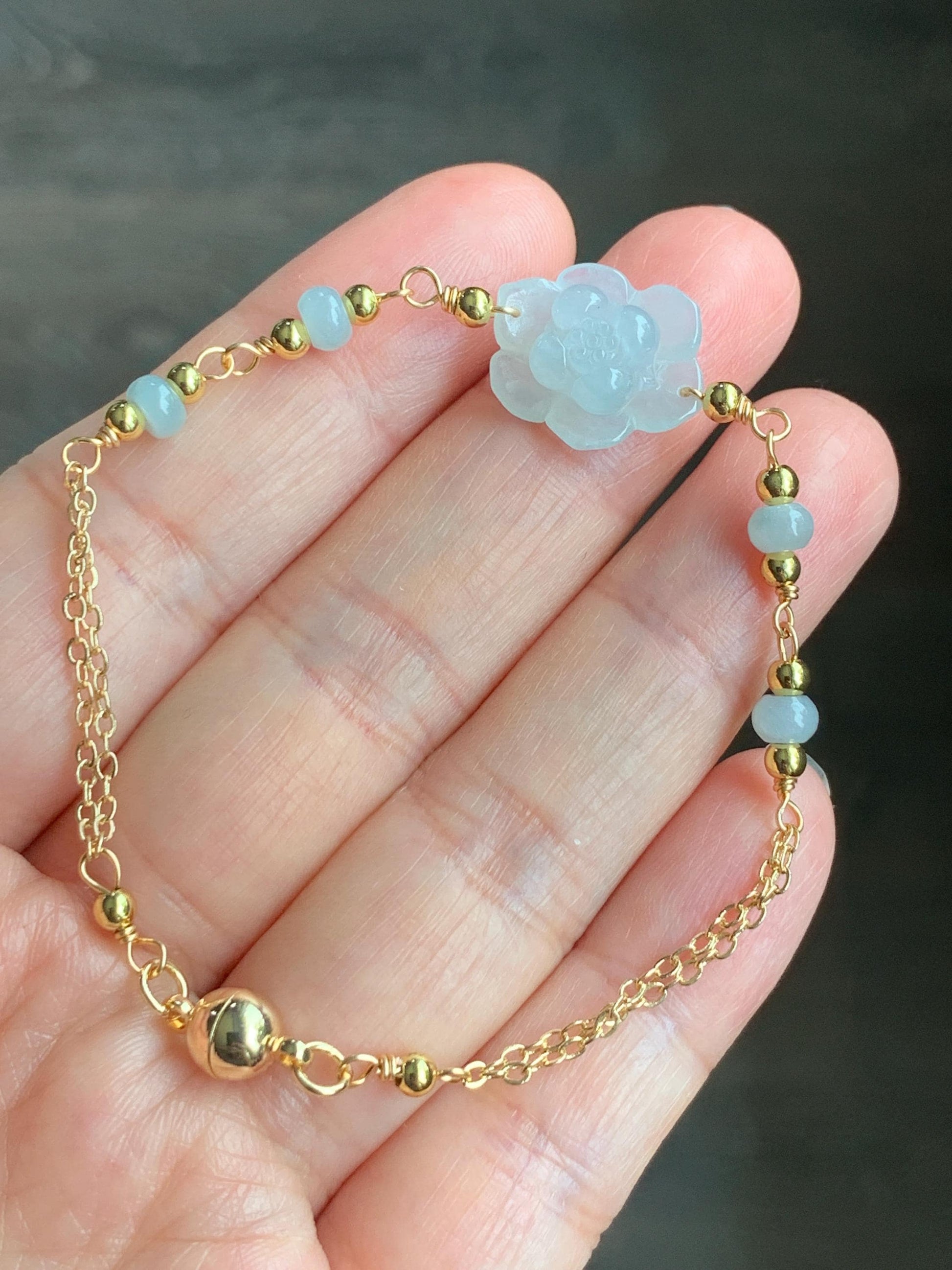 Natural Grade A Icy Translucent Pastel Green Jadeite Lotus Flower Chain Bracelet 14K Gold Filled Magnetic Clasp 6.5” 天然冰晴底翡翠莲花14K包金手链 BJH-B