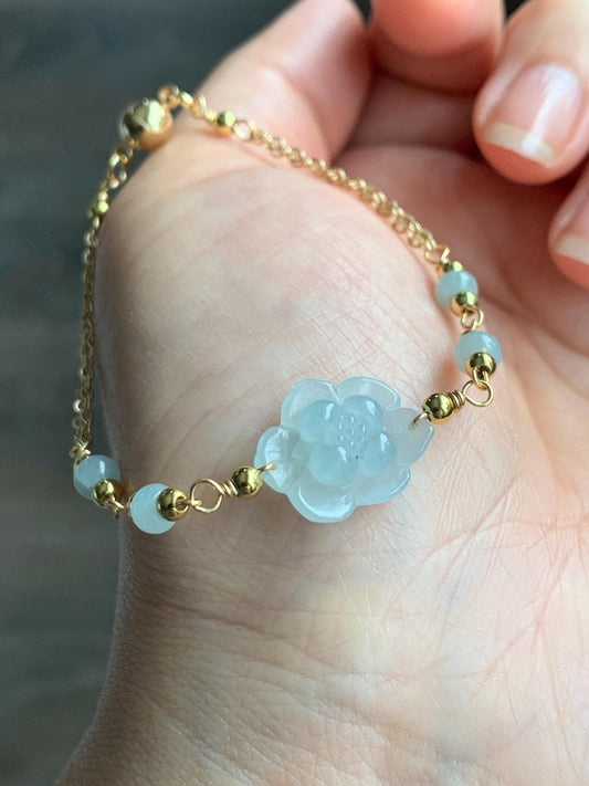 Natural Grade A Icy Translucent Pastel Green Jadeite Lotus Flower Chain Bracelet 14K Gold Filled Magnetic Clasp 6.5” 天然冰晴底翡翠莲花14K包金手链 BJH-B