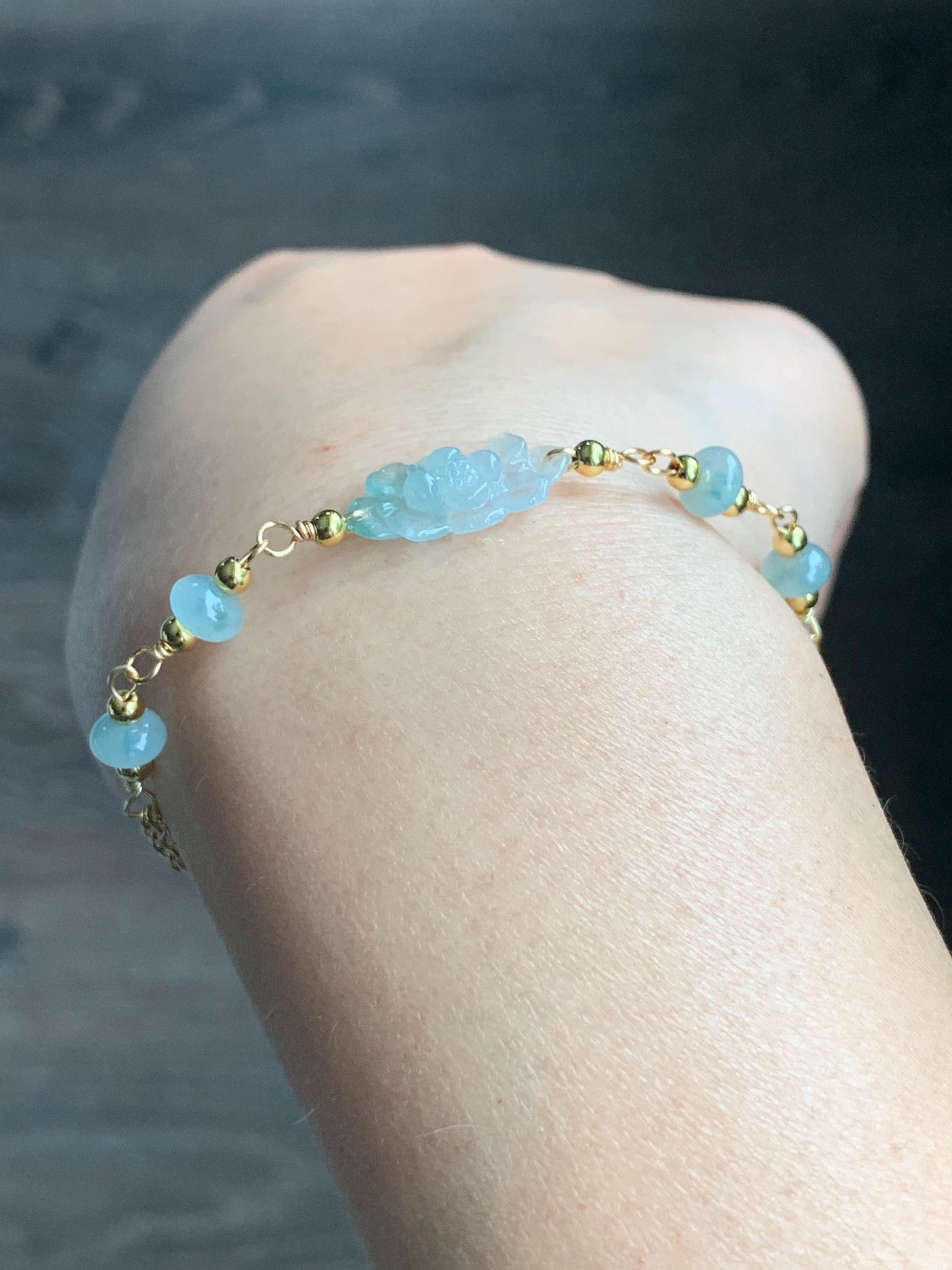 Natural Grade A Icy Translucent Green Marbled Jadeite Lotus Flower Chain Bracelet 14K Gold Filled Magnetic Clasp 6.5” 天然冰飘花翡翠莲花14K包金手链 BJH-C