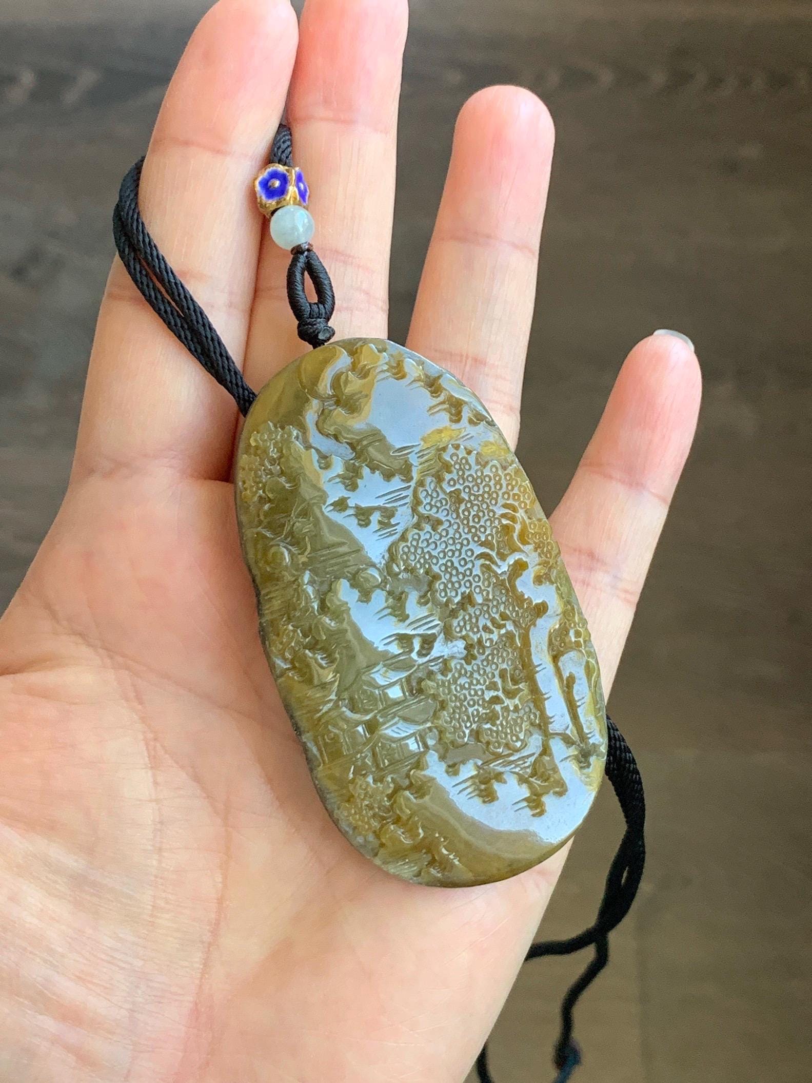 Certified Natural Grade A Icy Translucent Intense Dark Yellow Jadeite Shan Shui Large Pendant Rope Necklace 26” 43g 天然冰油黄原石皮翡翠山水牌吊坠 1515