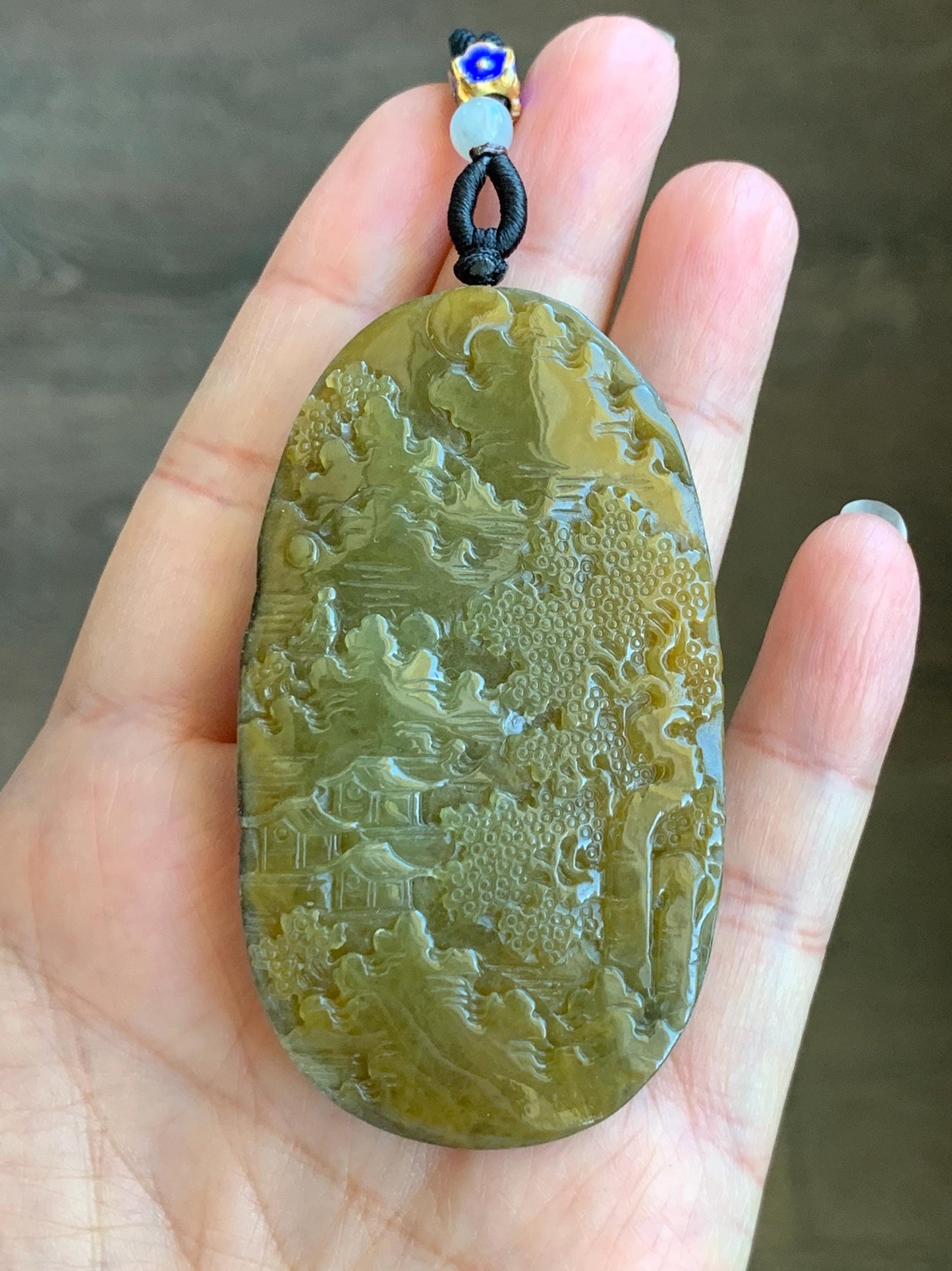 Certified Natural Grade A Icy Translucent Intense Dark Yellow Jadeite Shan Shui Large Pendant Rope Necklace 26” 43g 天然冰油黄原石皮翡翠山水牌吊坠 1515