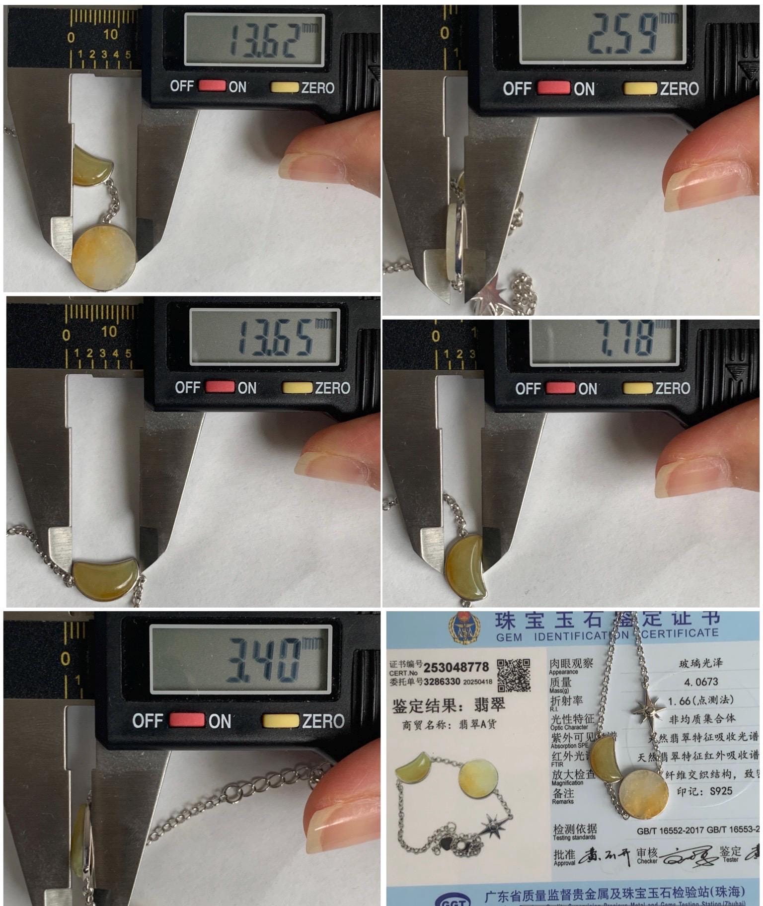 Certified Natural Grade A Icy Highly Translucent Yellow Marbled Jadeite Sun Moon Star Bracelet Sterling Silver 6.25” 天然冰黄翡翠星星月亮太阳银镶手链 8778