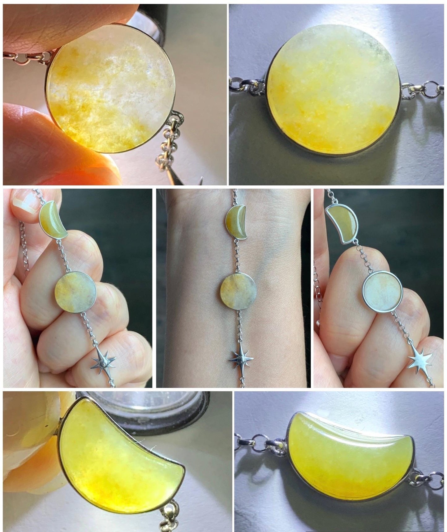 Certified Natural Grade A Icy Highly Translucent Yellow Marbled Jadeite Sun Moon Star Bracelet Sterling Silver 6.25” 天然冰黄翡翠星星月亮太阳银镶手链 8778