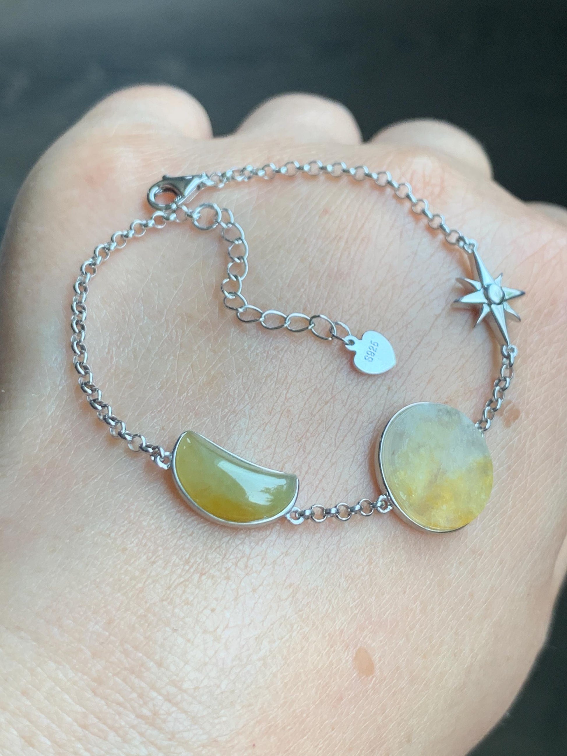 Certified Natural Grade A Icy Highly Translucent Yellow Marbled Jadeite Sun Moon Star Bracelet Sterling Silver 6.25” 天然冰黄翡翠星星月亮太阳银镶手链 8778