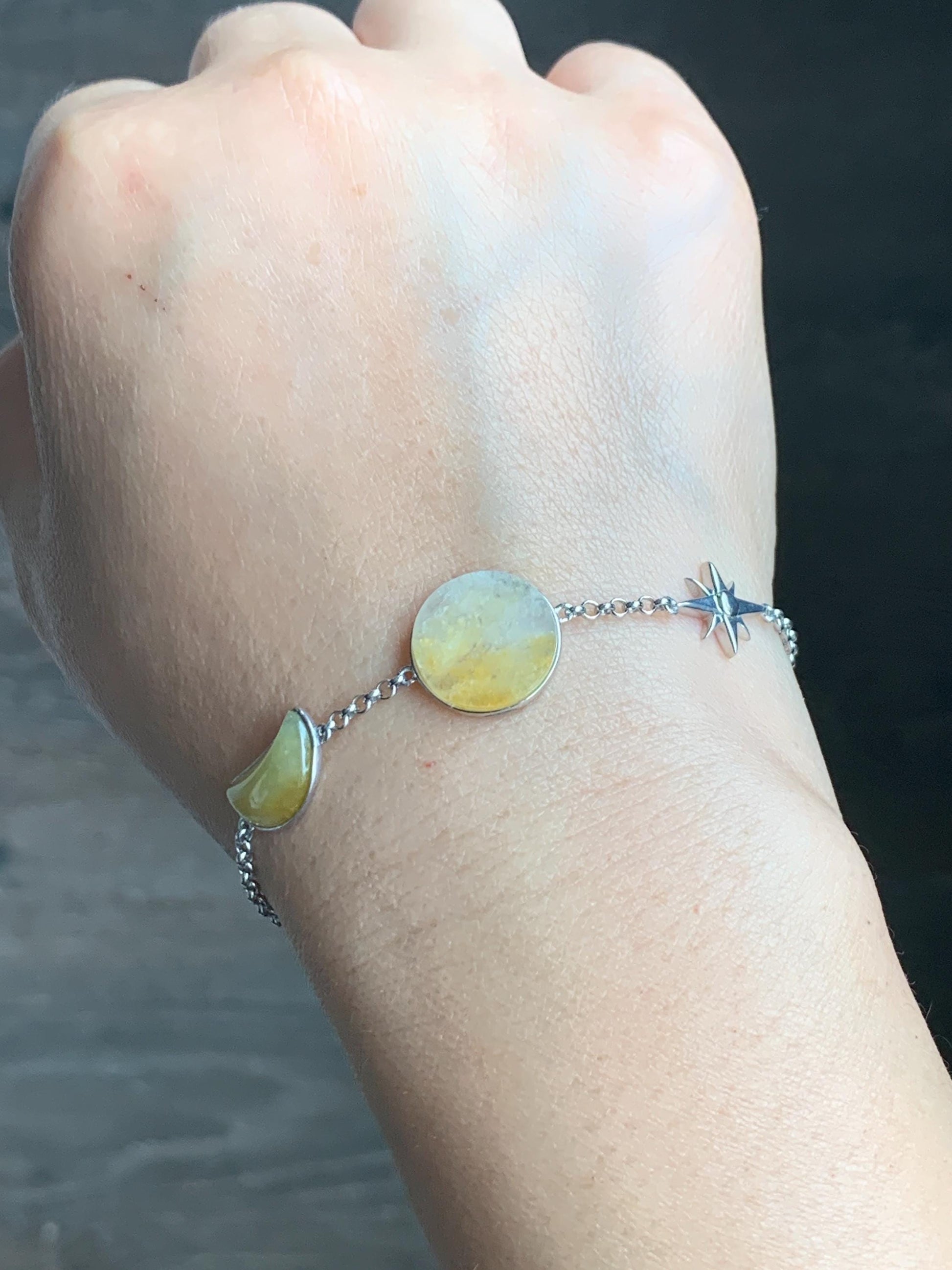 Certified Natural Grade A Icy Highly Translucent Yellow Marbled Jadeite Sun Moon Star Bracelet Sterling Silver 6.25” 天然冰黄翡翠星星月亮太阳银镶手链 8778