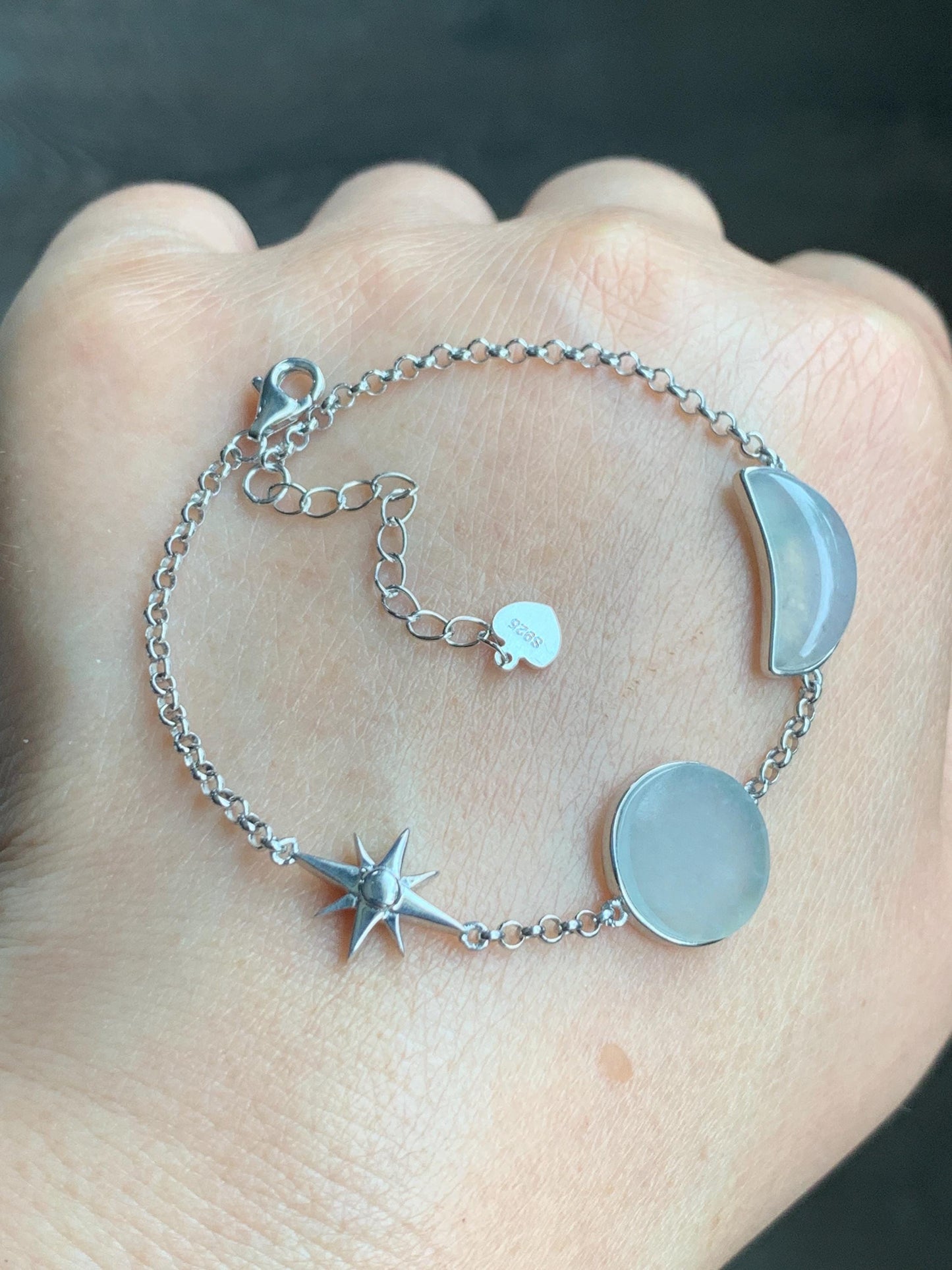 Certified Natural Grade A Icy Highly Translucent White Jadeite Sun Moon Star Bracelet Sterling Silver 6.25”-7.5” 4.6g 天然白冰翡翠星星月亮太阳银镶手链 8775