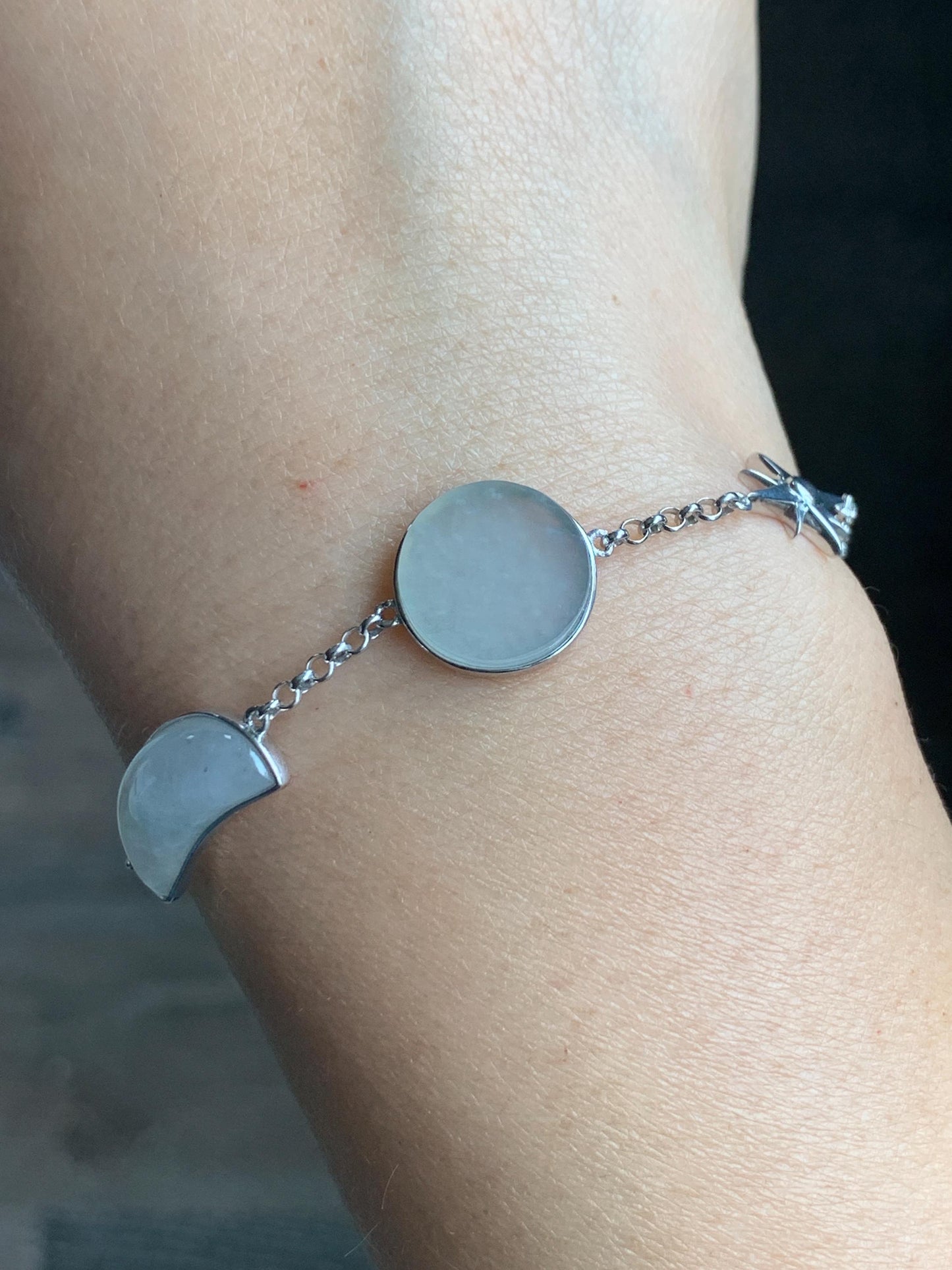 Certified Natural Grade A Icy Highly Translucent White Jadeite Sun Moon Star Bracelet Sterling Silver 6.25”-7.5” 4.6g 天然白冰翡翠星星月亮太阳银镶手链 8775