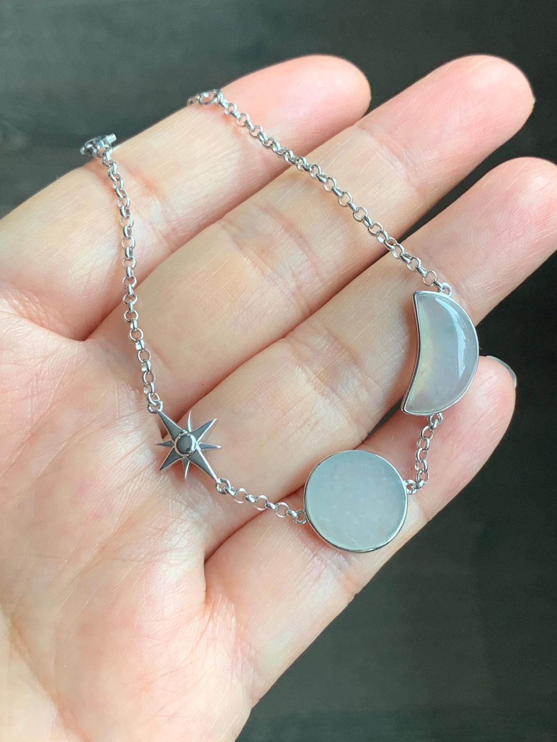 Certified Natural Grade A Icy Highly Translucent White Jadeite Sun Moon Star Bracelet Sterling Silver 6.25”-7.5” 4.6g 天然白冰翡翠星星月亮太阳银镶手链 8775