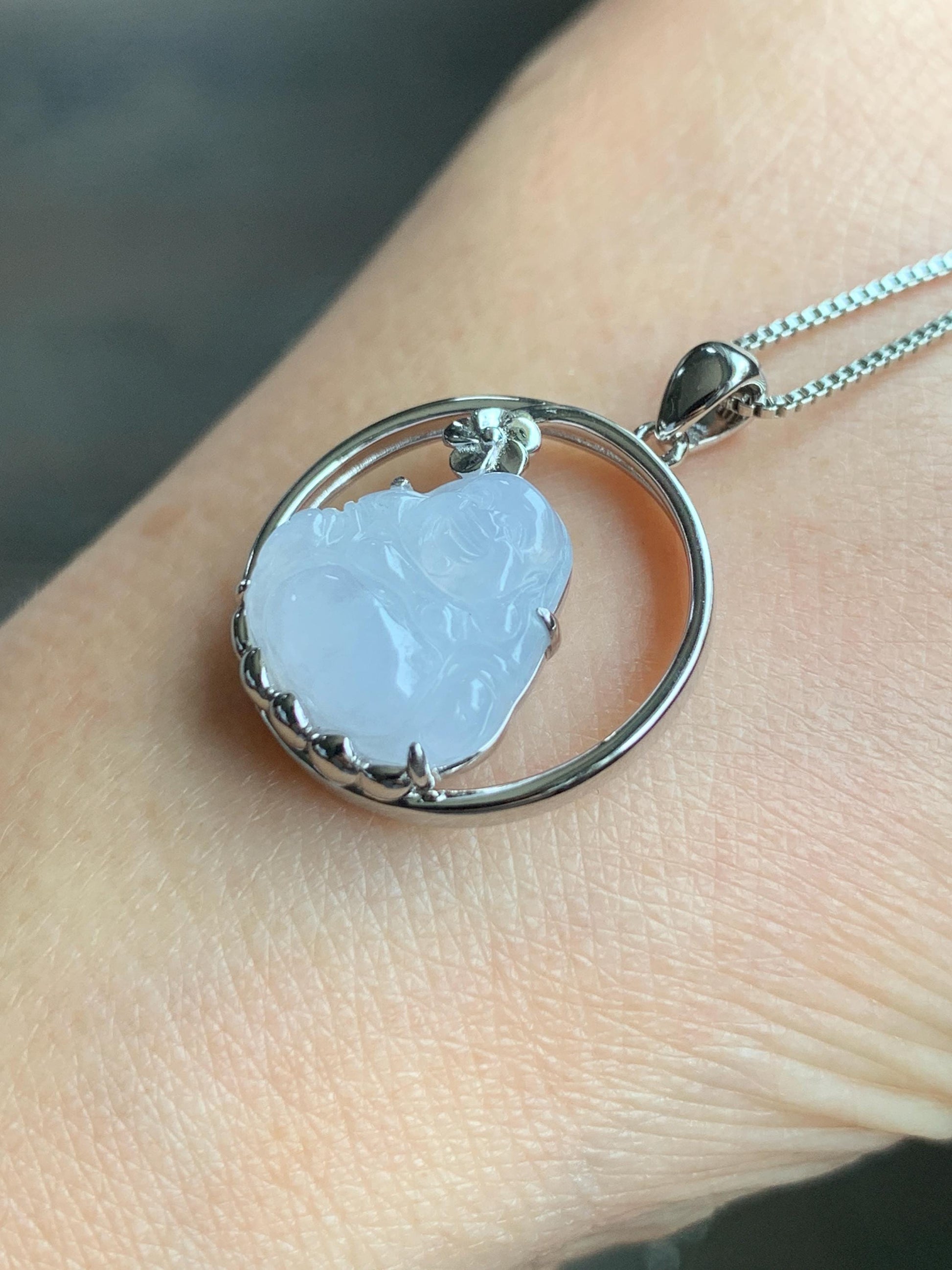 Certified Natural Grade A Icy Translucent Gelatinous White Jadeite Buddha Pendant Sterling Silver 3.63g 天然老种冰胶淡紫底翡翠佛公镶嵌吊坠 8772