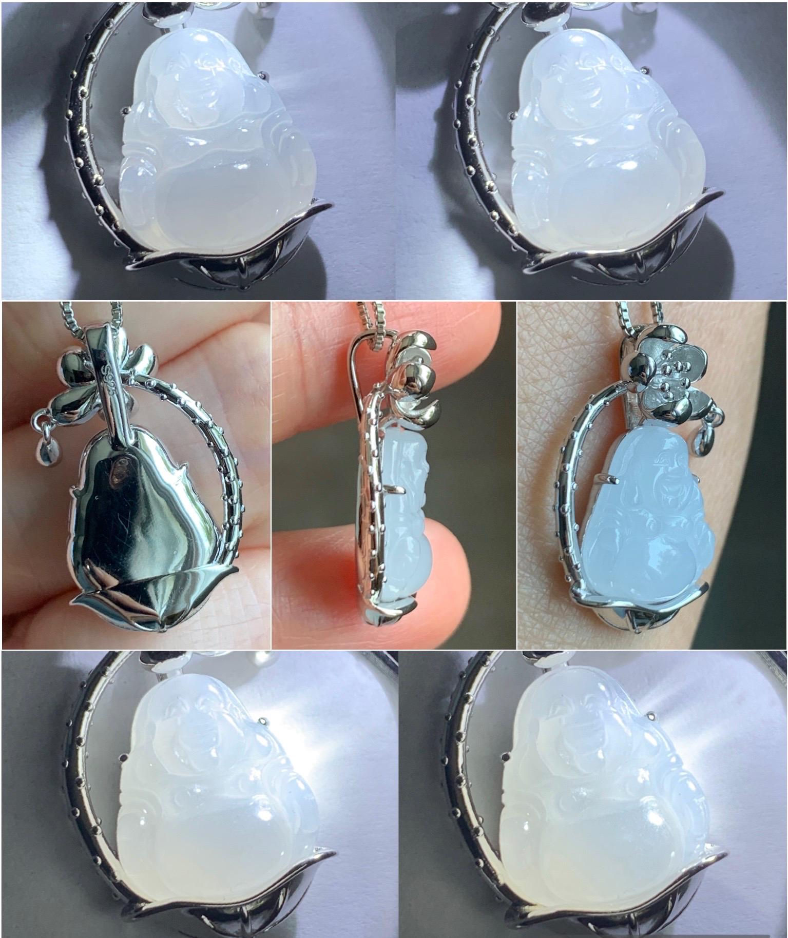 Certified Natural Grade A Icy Translucent Gelatinous White Jadeite Buddha Pendant Sterling Silver 4.93g 天然老种冰胶淡紫底翡翠佛公镶嵌吊坠 8774