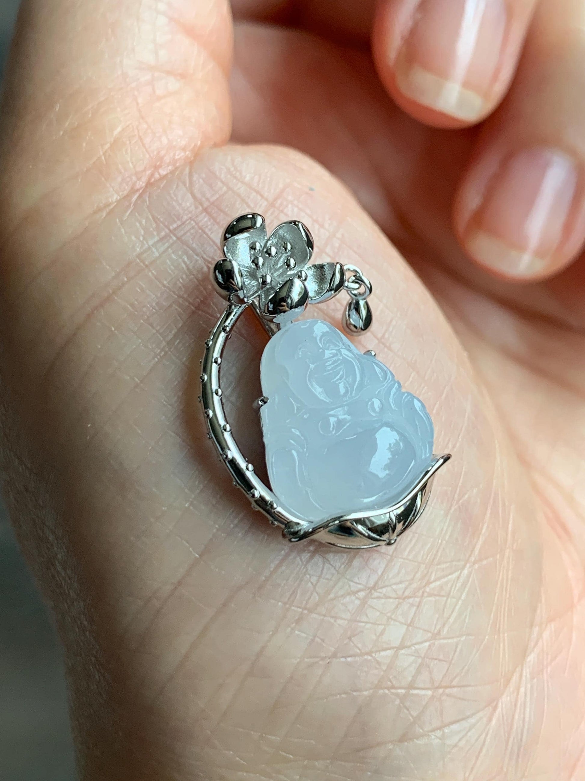 Certified Natural Grade A Icy Translucent Gelatinous White Jadeite Buddha Pendant Sterling Silver 4.93g 天然老种冰胶淡紫底翡翠佛公镶嵌吊坠 8774