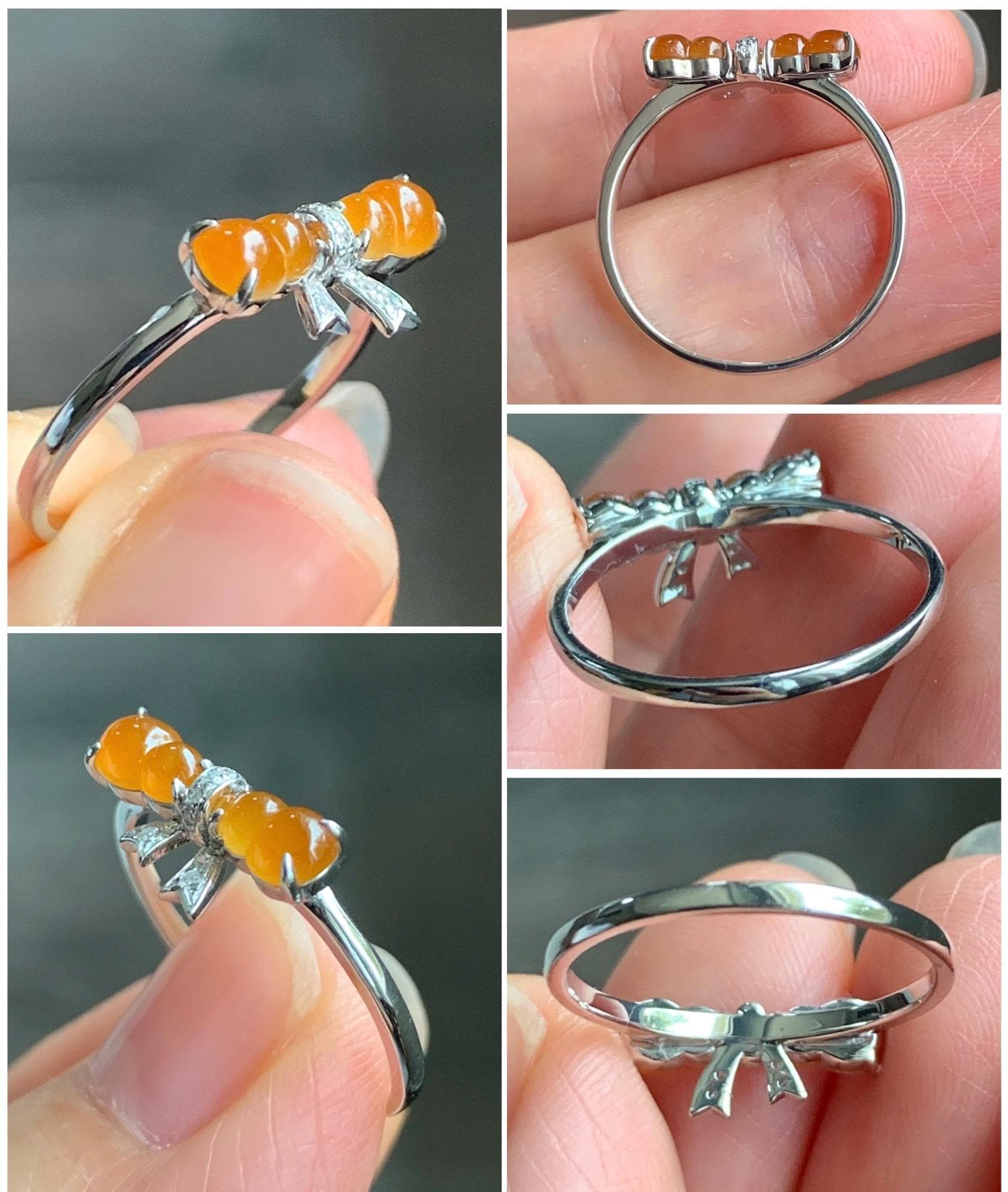 Certified Natural Grade A Icy Highly Translucent Vibrant Orange Yellow Jadeite Double Gourd Ring 14K White Gold Size 7.25 天然正冰红翡双葫芦镶嵌戒指 6676