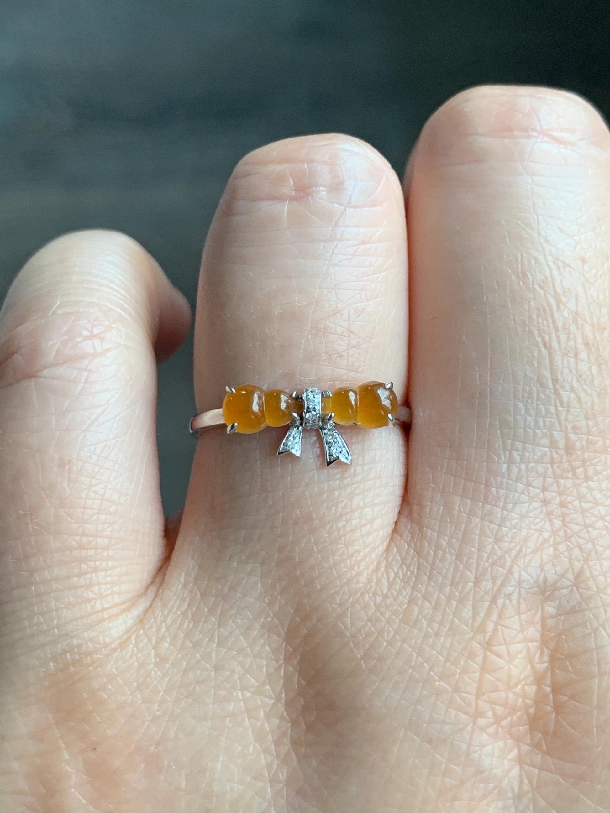 Certified Natural Grade A Icy Highly Translucent Vibrant Orange Yellow Jadeite Double Gourd Ring 14K White Gold Size 7.25 天然正冰红翡双葫芦镶嵌戒指 6676