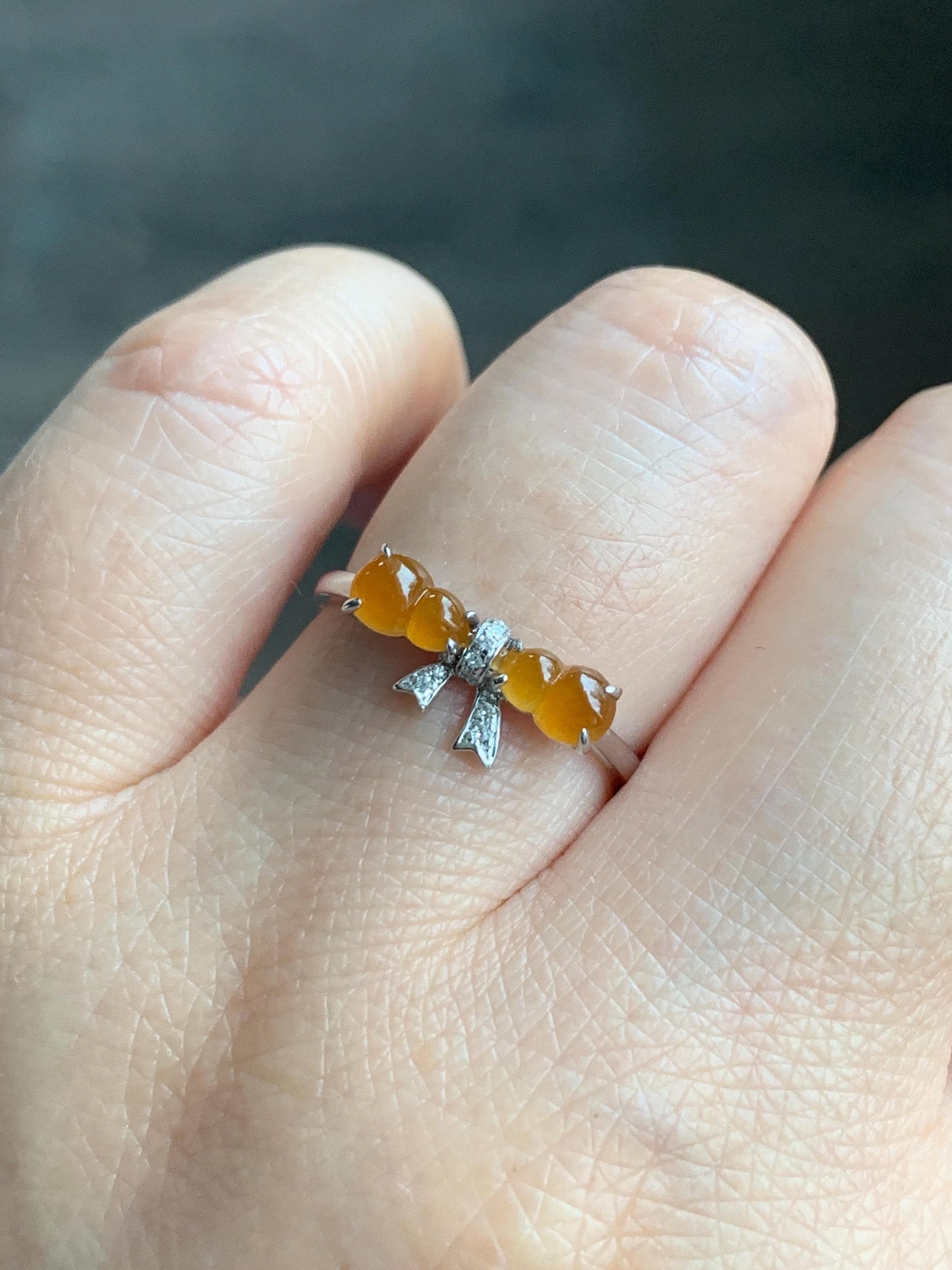 Certified Natural Grade A Icy Highly Translucent Vibrant Orange Yellow Jadeite Double Gourd Ring 14K White Gold Size 7.25 天然正冰红翡双葫芦镶嵌戒指 6676