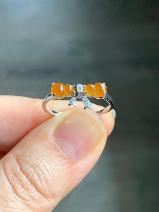 Certified Natural Grade A Icy Highly Translucent Vibrant Orange Yellow Jadeite Double Gourd Ring 14K White Gold Size 7.25 天然正冰红翡双葫芦镶嵌戒指 6676