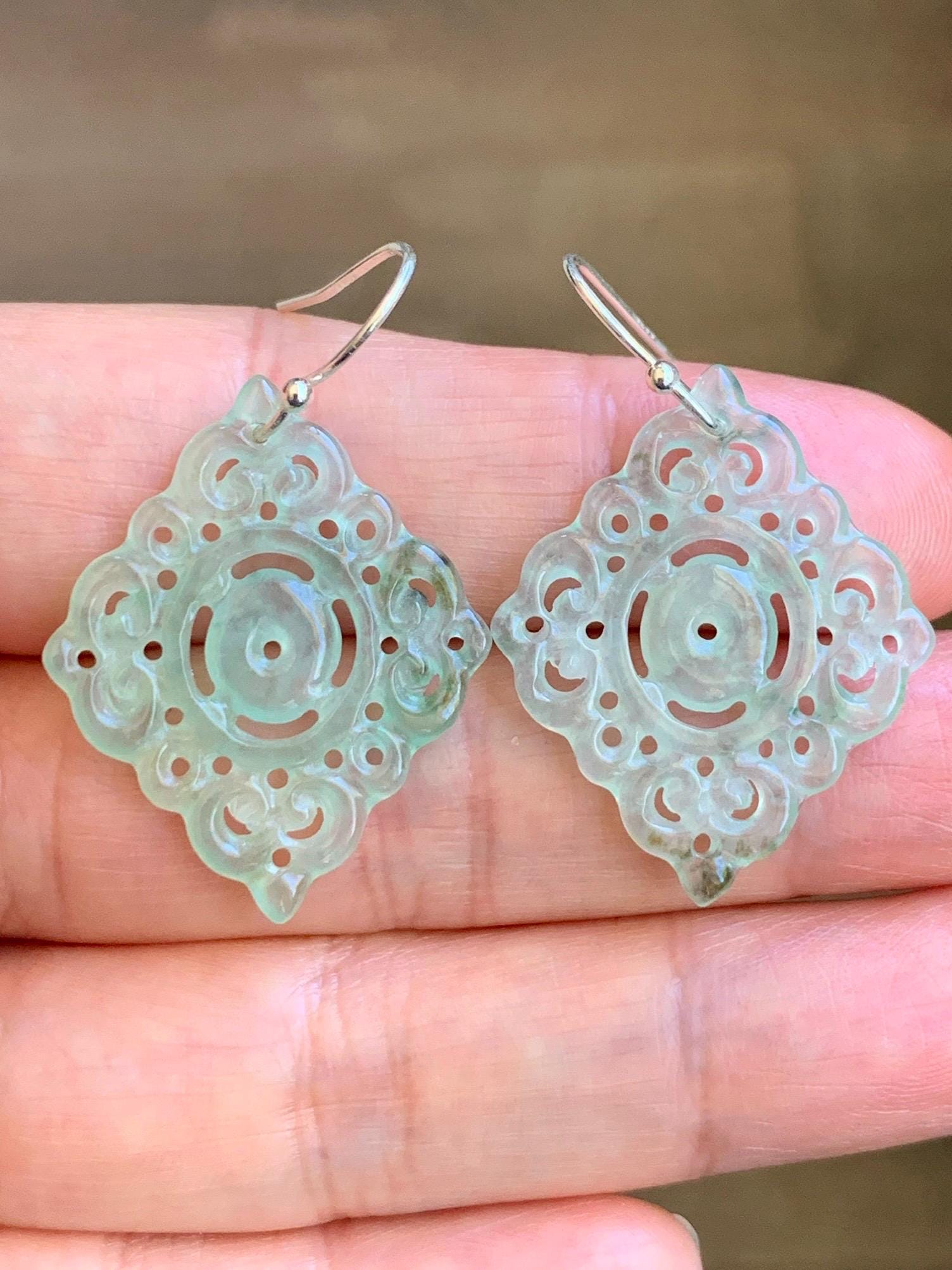 Natural Grade A Icy Highly Translucent Light Green Jadeite Openwork Engraved Dangle Earrings Sterling Silver 4g 天然冰胶起光晴色翡翠仿古镂空雕银耳钩 QLK150