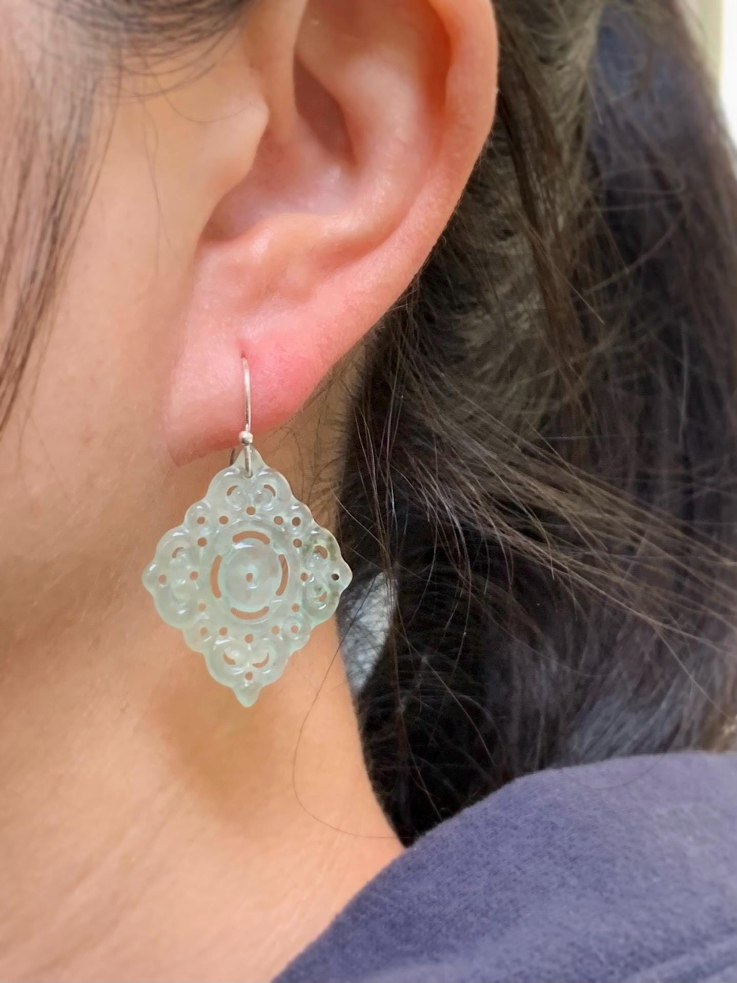 Natural Grade A Icy Highly Translucent Light Green Jadeite Openwork Engraved Dangle Earrings Sterling Silver 4g 天然冰胶起光晴色翡翠仿古镂空雕银耳钩 QLK150