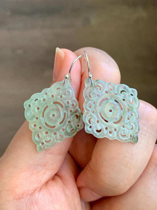 Natural Grade A Icy Highly Translucent Light Green Jadeite Openwork Engraved Dangle Earrings Sterling Silver 4g 天然冰胶起光晴色翡翠仿古镂空雕银耳钩 QLK150