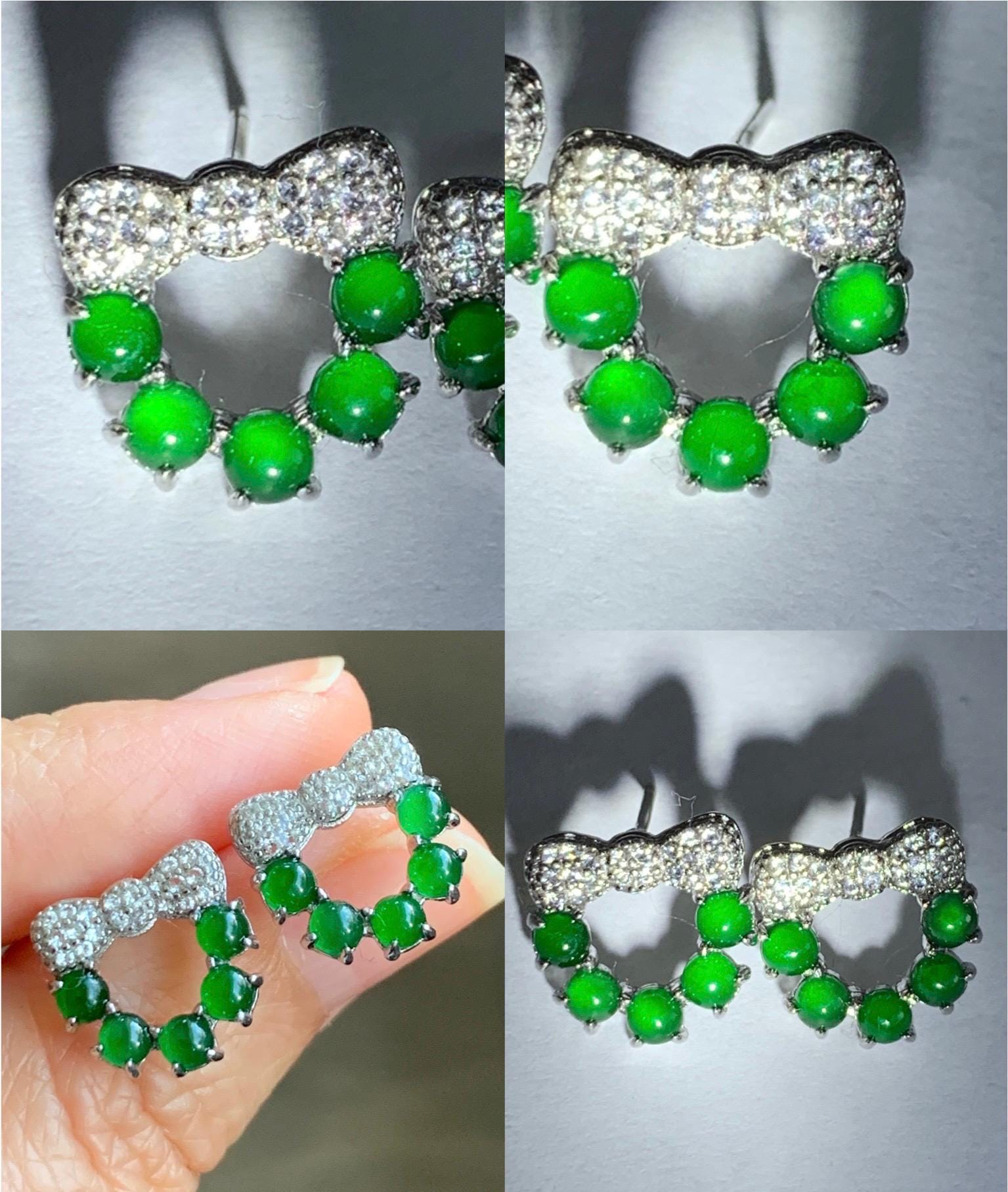 Natural Guatemalan Grade A Icy Translucent Vibrant Green Jadeite Wreath Design Stud Earrings S925 Sterling Silver 2g 天然冰危绿翡翠银镶耳钉 WLQ120