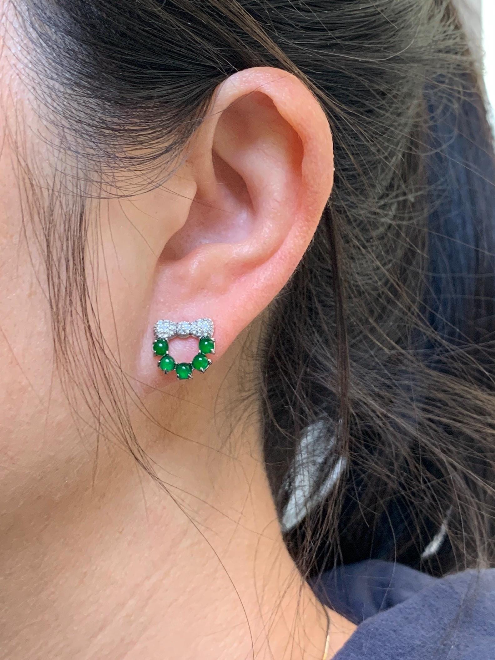 Natural Guatemalan Grade A Icy Translucent Vibrant Green Jadeite Wreath Design Stud Earrings S925 Sterling Silver 2g 天然冰危绿翡翠银镶耳钉 WLQ120