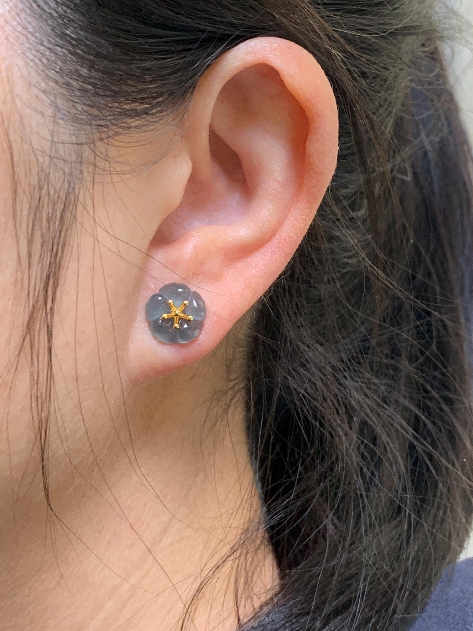 Natural Guatemalan Icy Highly Translucent Gelatinous Deep Indigo Blue Jadeite Cherry Blossom Stud Earring Sterling Silver 天然高冰危蓝翡翠梅花银镶耳钉