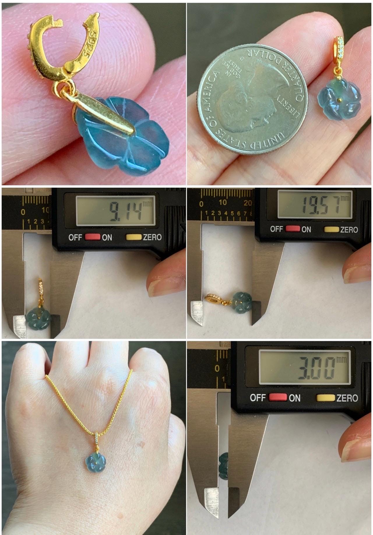 Natural Grade A Guatemalan Icy Highly Translucent Teal Blue Jadeite Cherry Blossom Petite Charm Pendant Sterling Silver 天然冰胶起光危蓝翡翠梅花镶嵌吊坠 MHK