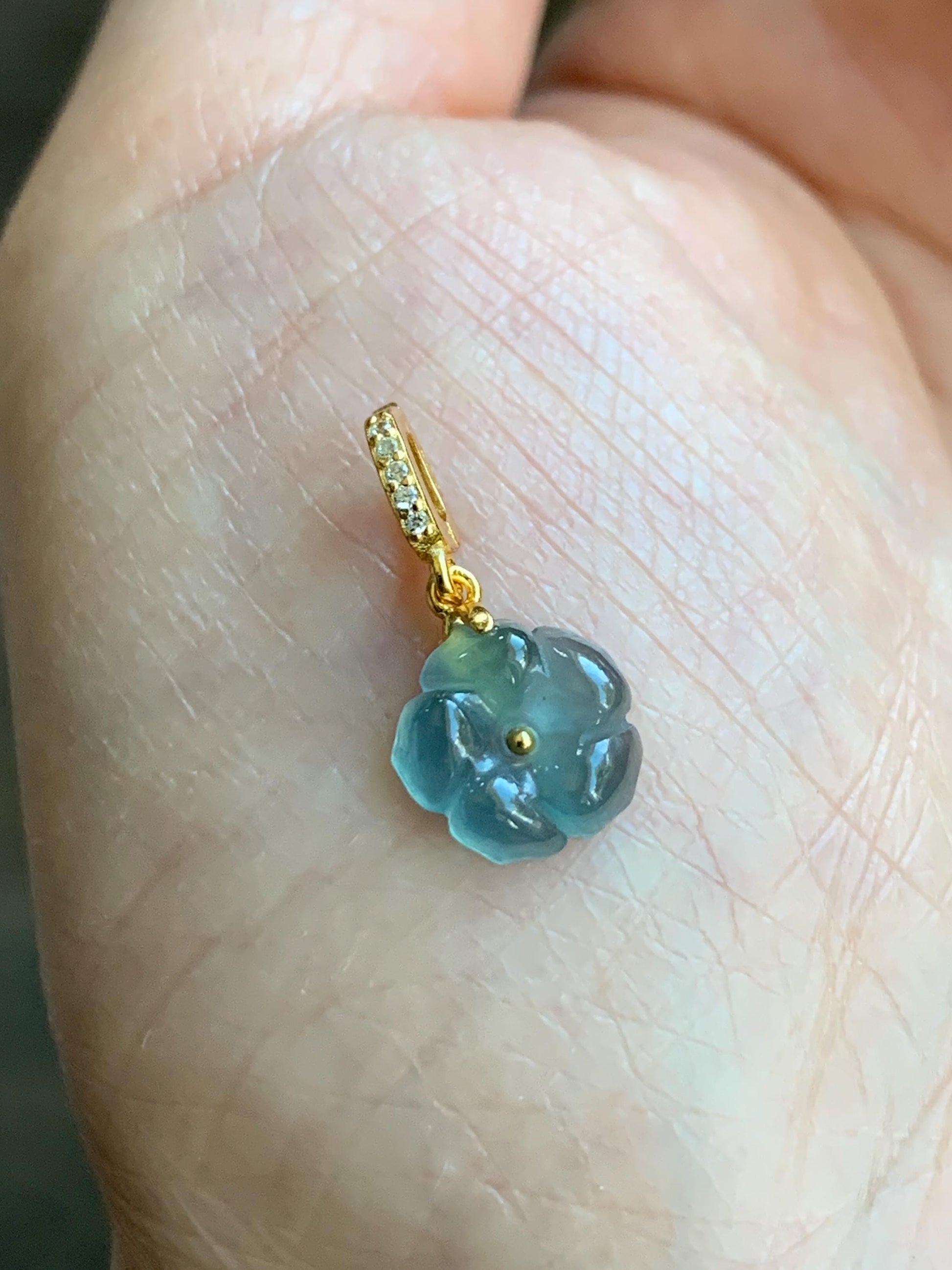 Natural Grade A Guatemalan Icy Highly Translucent Teal Blue Jadeite Cherry Blossom Petite Charm Pendant Sterling Silver 天然冰胶起光危蓝翡翠梅花镶嵌吊坠 MHK