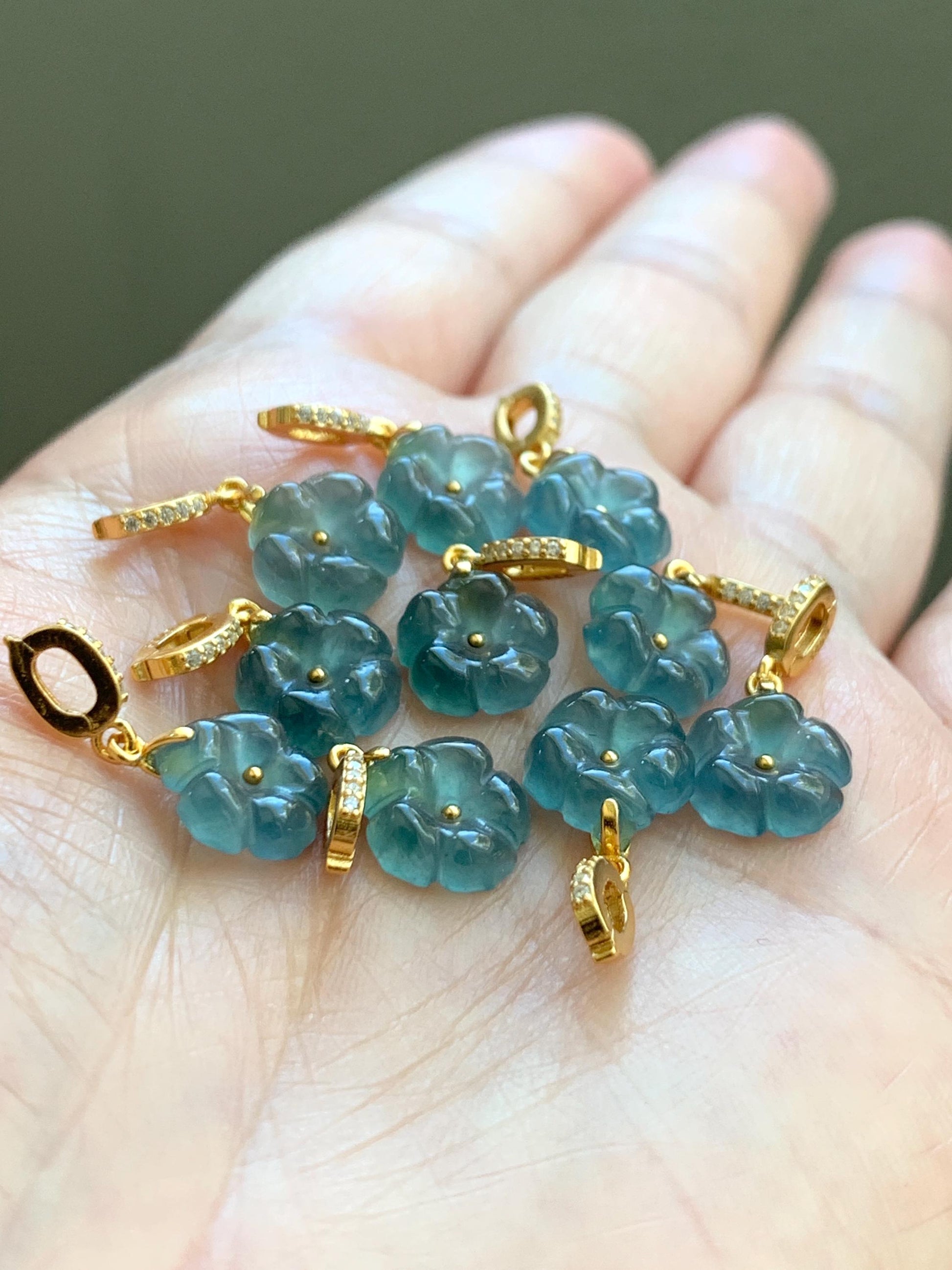 Natural Grade A Guatemalan Icy Highly Translucent Teal Blue Jadeite Cherry Blossom Petite Charm Pendant Sterling Silver 天然冰胶起光危蓝翡翠梅花镶嵌吊坠 MHK