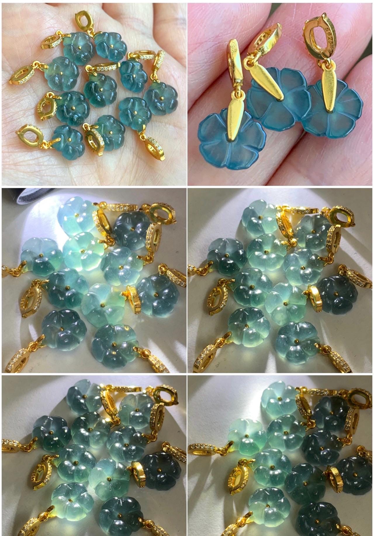 Natural Grade A Guatemalan Icy Highly Translucent Teal Blue Jadeite Cherry Blossom Petite Charm Pendant Sterling Silver 天然冰胶起光危蓝翡翠梅花镶嵌吊坠 MHK
