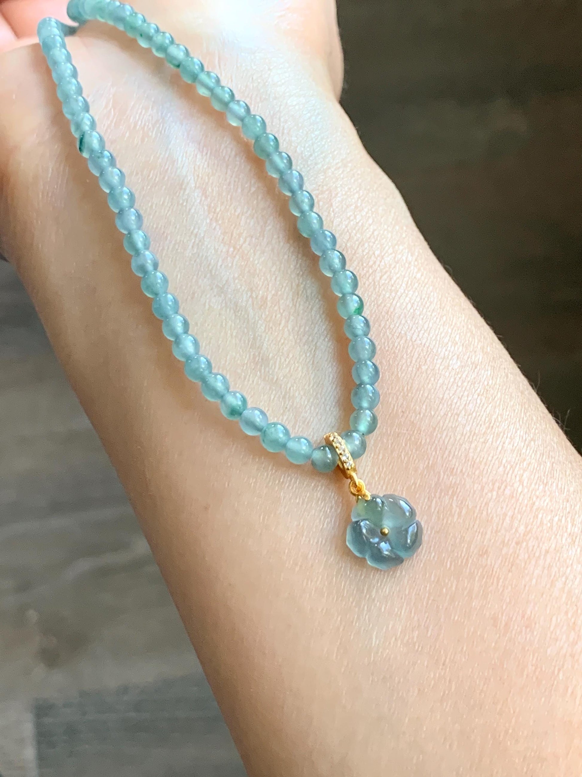 Natural Grade A Guatemalan Icy Highly Translucent Teal Blue Jadeite Cherry Blossom Petite Charm Pendant Sterling Silver 天然冰胶起光危蓝翡翠梅花镶嵌吊坠 MHK