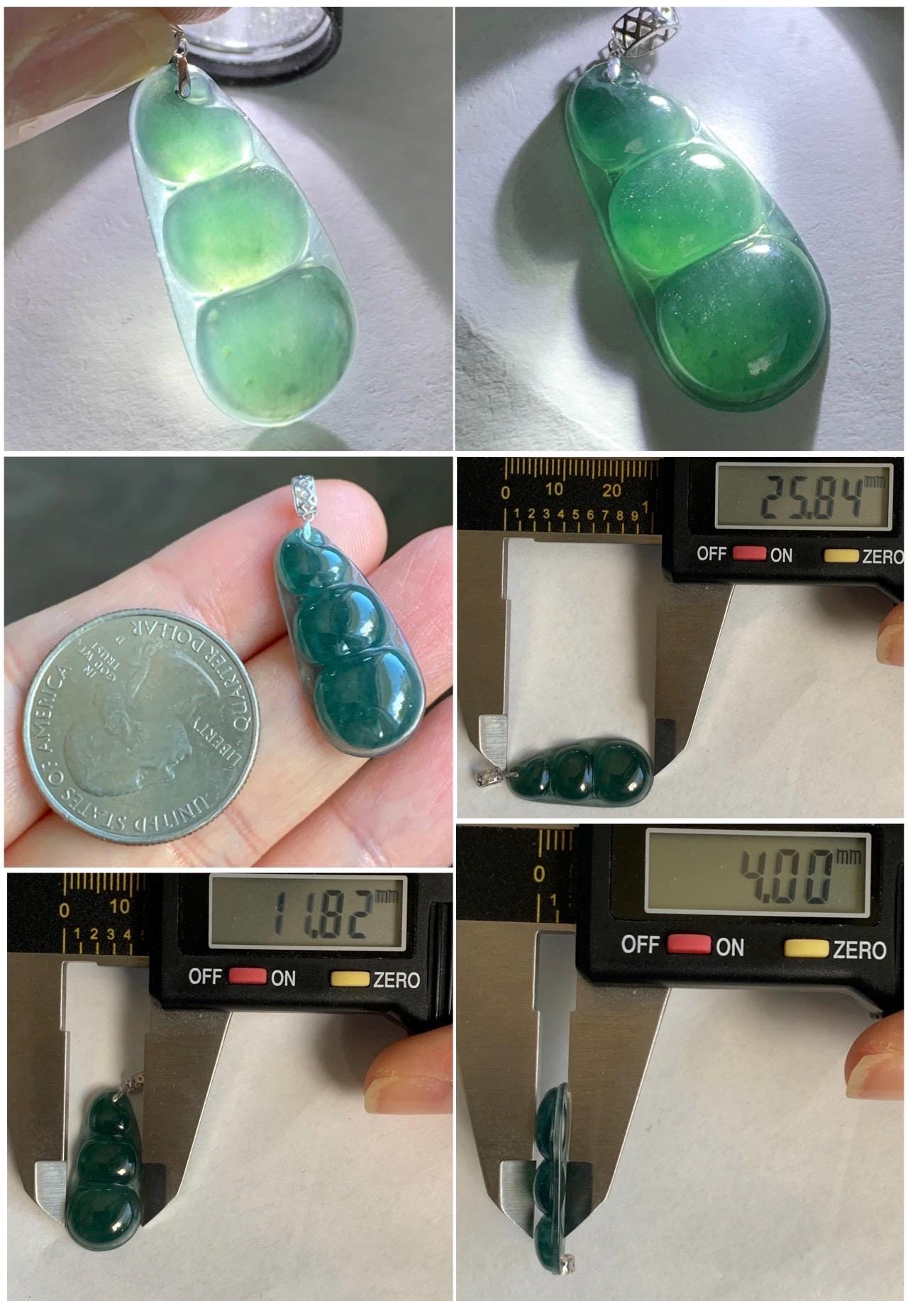 Natural Grade A Guatemalan Icy Translucent Dark Teal Blue Jadeite Carved Peapod Pendant 18K White Gold 天然冰危深蓝绿翡翠福豆镶嵌吊坠 WLD220-E
