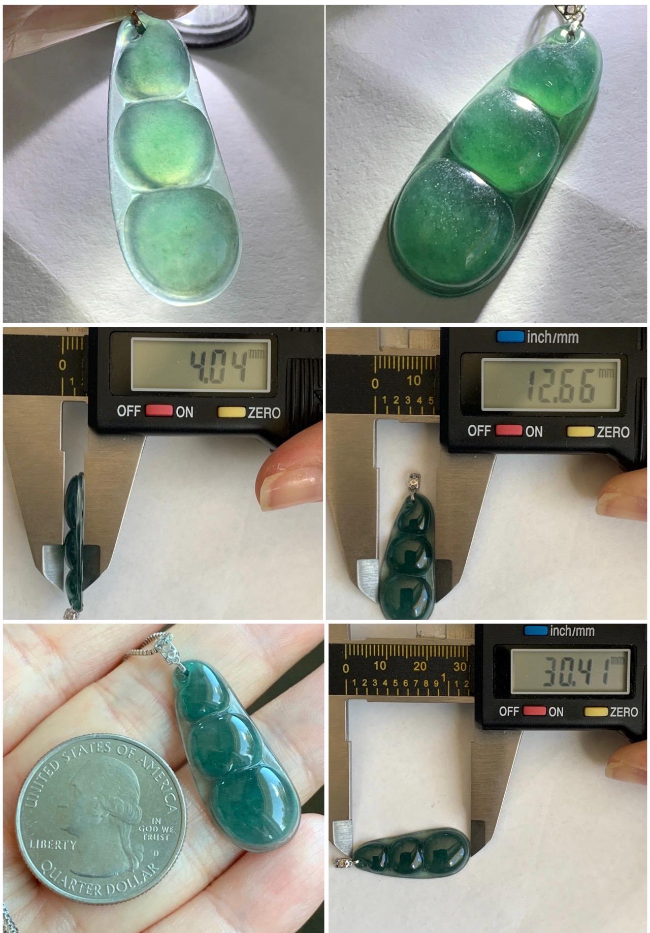 Natural Grade A Guatemalan Icy Translucent Dark Teal Blue Jadeite Carved Peapod Pendant 18K White Gold 天然冰危深蓝绿翡翠福豆镶嵌吊坠 WLD220-A