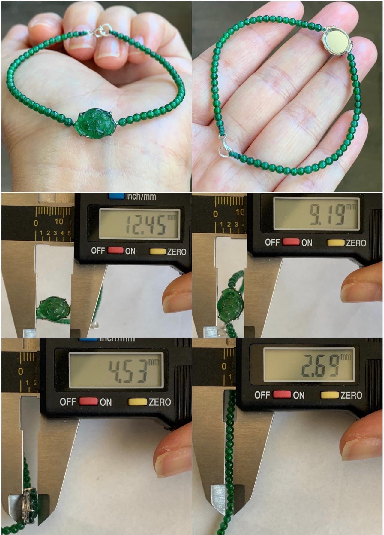 Natural Guatemalan Icy Translucent Vibrant Green Jadeite Lotus Flower Petite Beaded Bracelet 6.75” Sterling Silver 3g 天然冰危绿翡翠莲花小圆珠手串 LHX400